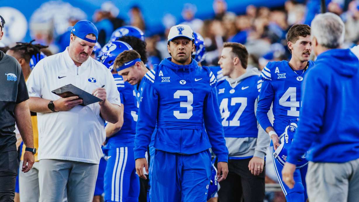 BYU safety Raider Damuni (3) was inactive during a Big 12 football game against Utah, Saturday, Oct. 18, 2025 at LaVell Edwards Stadium.