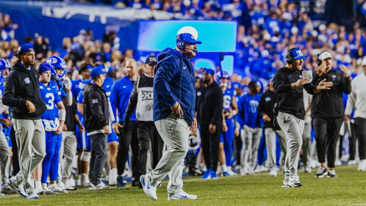 BYU coach Kalani Sitake on the sideline during the Cougars' 24-21 win over the University of Utah, Saturday, Oct. 18, 2025 at LaVell Edwards Stadium in Provo, Utah.