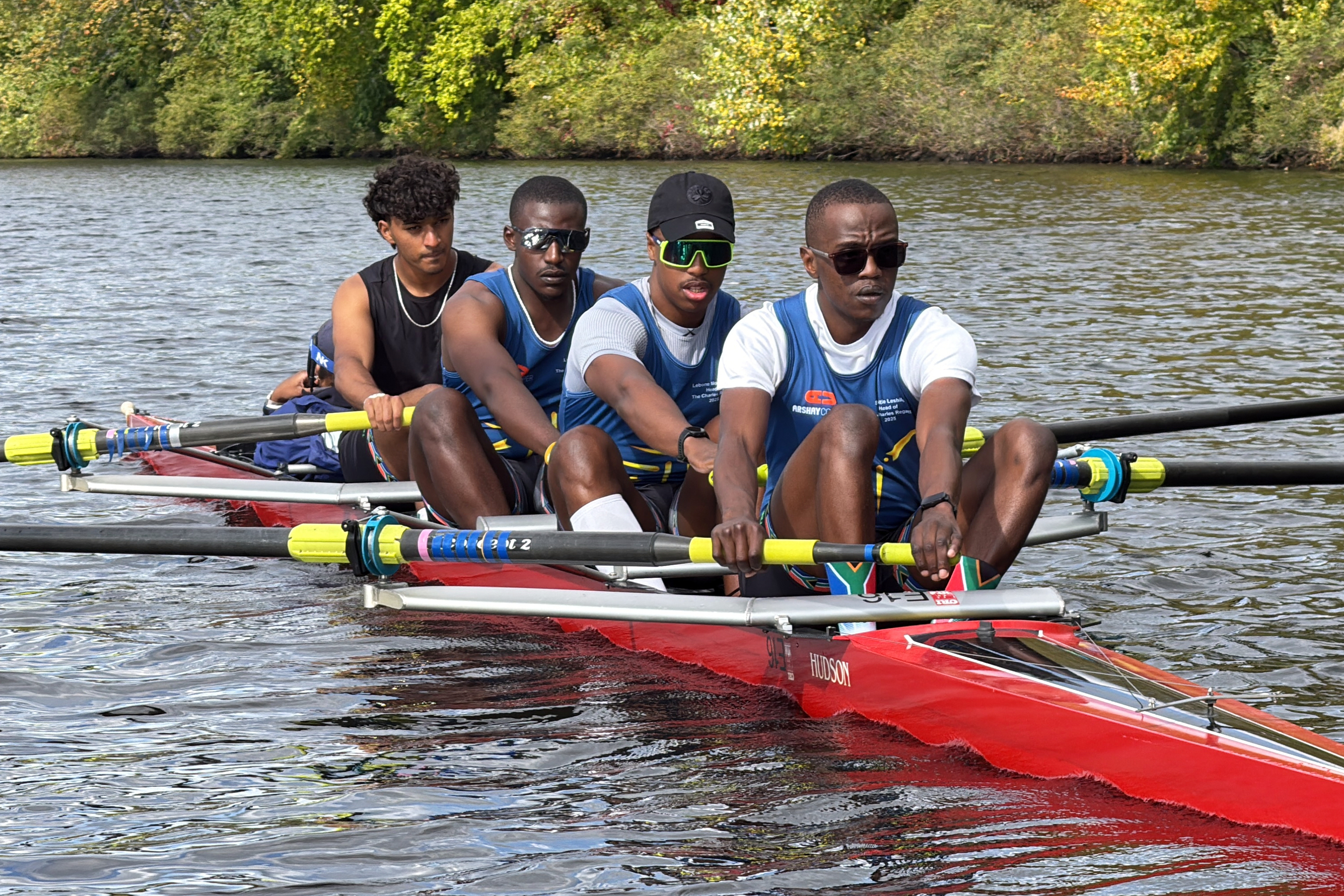 South African rowers, from left, Sheldon Krishnasamy, Lwazi-Tsebo Zwane, Lebone Mokheseng, and Sepitle Leshilo practice on the Charles River in preparation for the Head of the Charles Regatta, Wednesday, Oct. 15, 2025, in Boston. 
