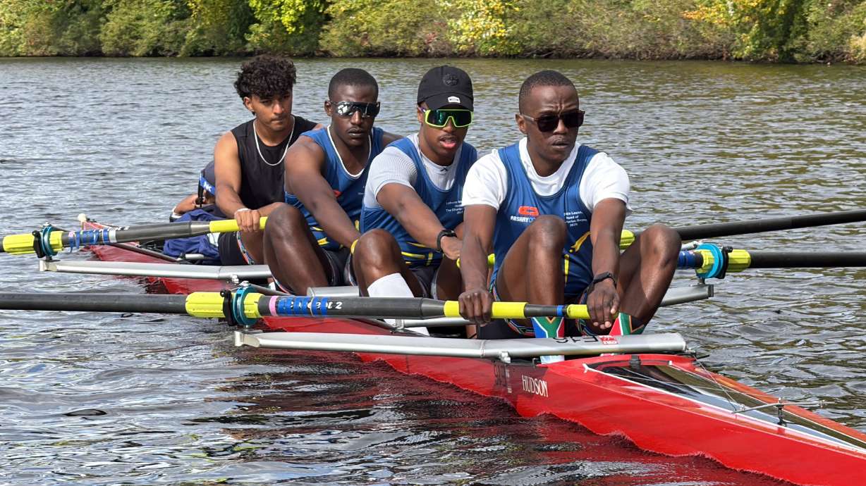 South African rowers, from left, Sheldon Krishnasamy, Lwazi-Tsebo Zwane, Lebone Mokheseng, and Sepitle Leshilo practice on the Charles River in preparation for the Head of the Charles Regatta, Wednesday, Oct. 15, 2025, in Boston.