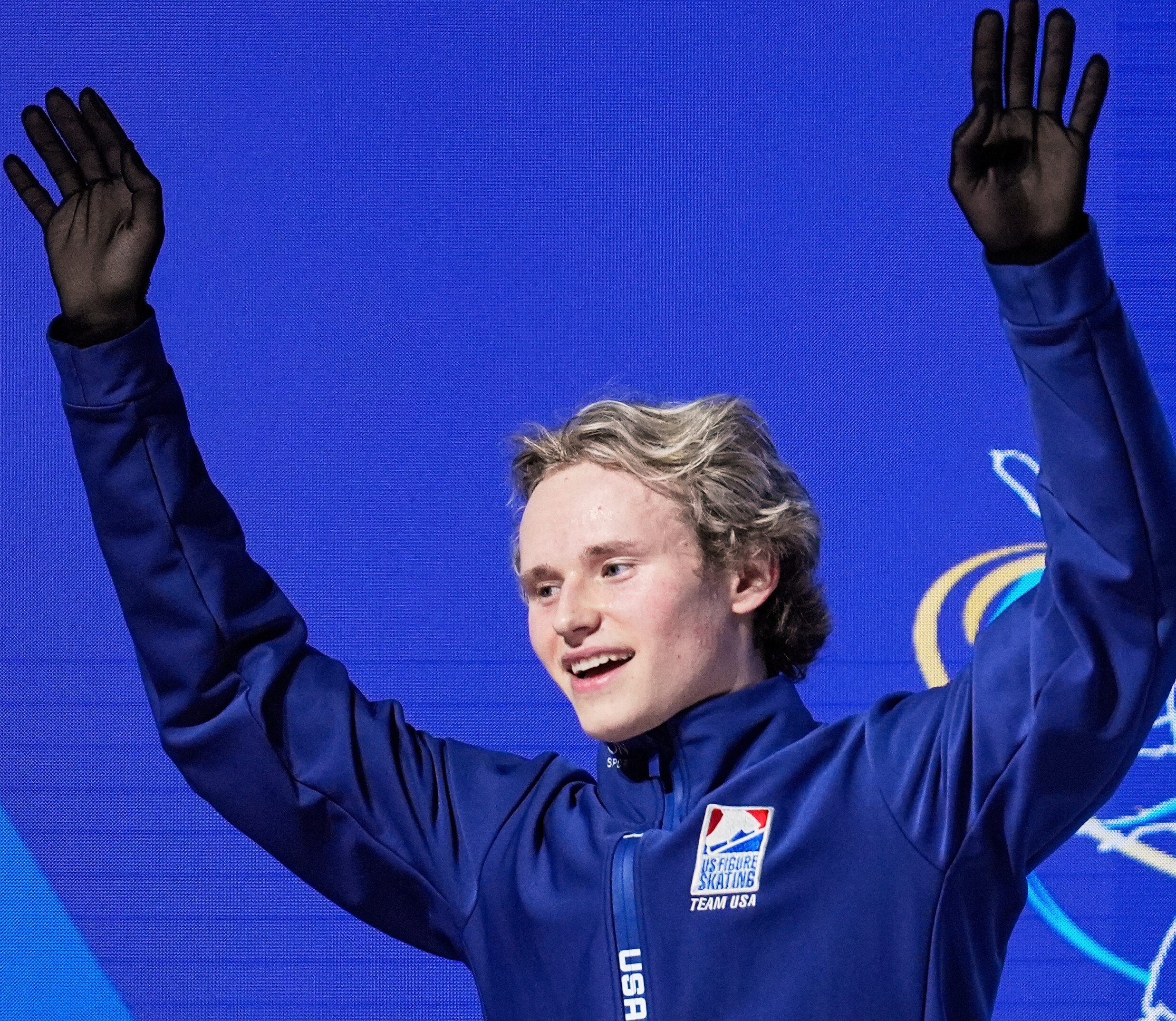 FILE - Ilia Malinin, of the United States, reacts after performing during the men's free skating program at the figure skating world championships, March 29, 2025, in Boston.