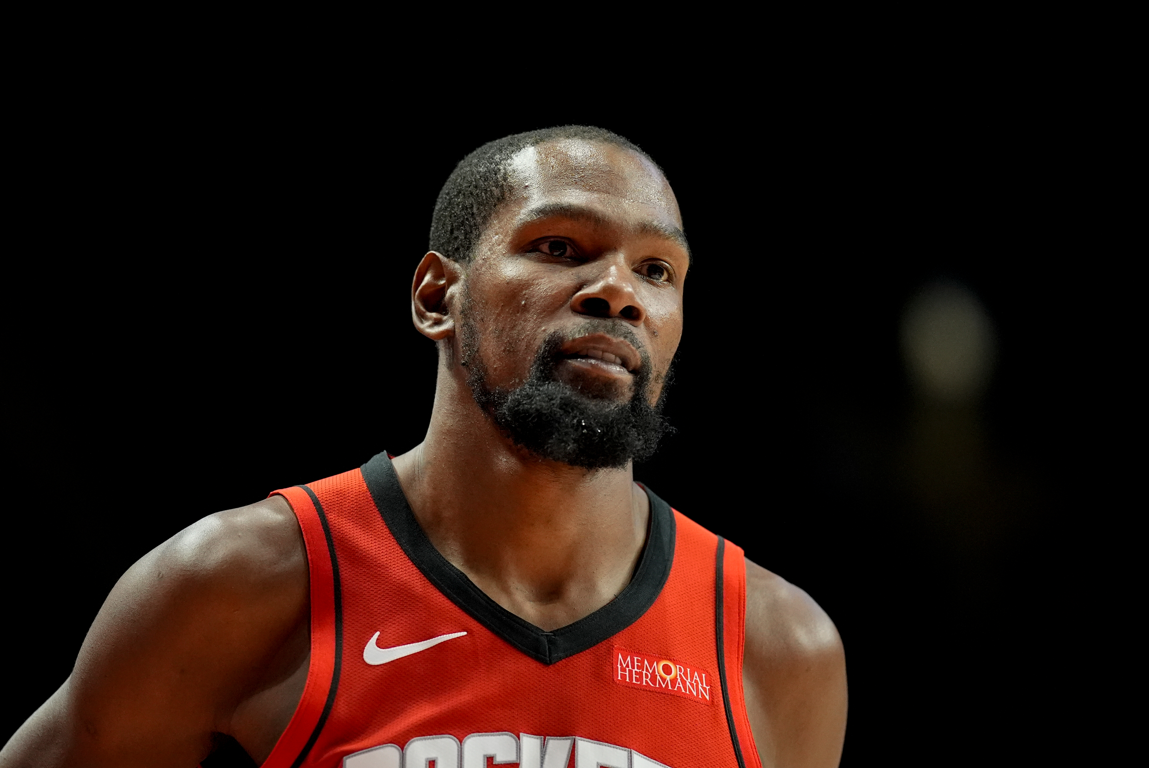 Houston Rockets forward Kevin Durant (7) moves on the court against the New Orleans Pelicans during the first half of an NBA preseason basketball game, Tuesday, Oct. 14, 2025, in Birmingham, Ala.