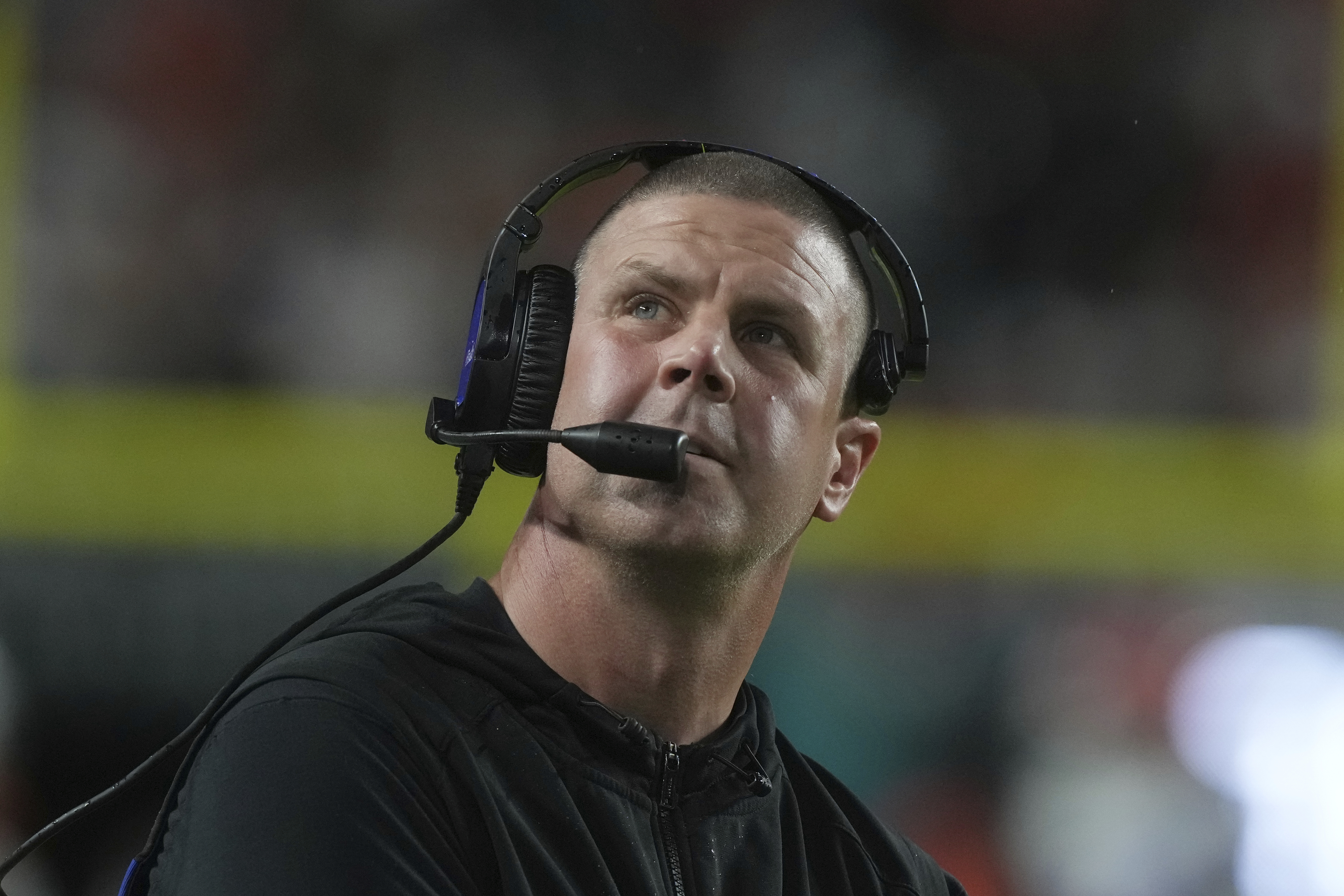 Florida head coach Billy Napier looks up during the first half of an NCAA college football game against Miami, Saturday, Sept. 20, 2025, in Miami Gardens, Fla. 