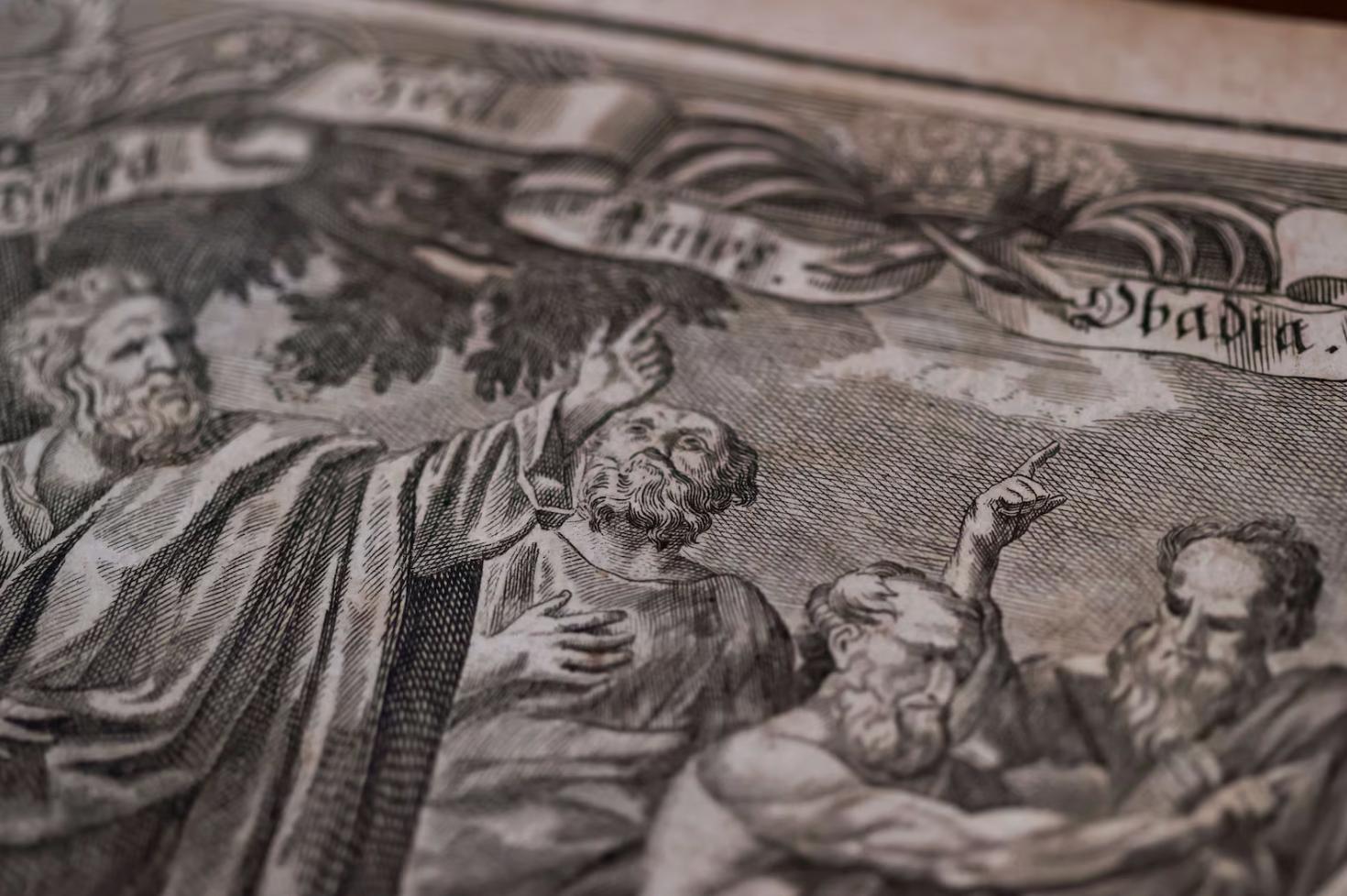 An illustration in an old Bible is seen while on display at Moon's Rare Books in Provo on Oct. 3.