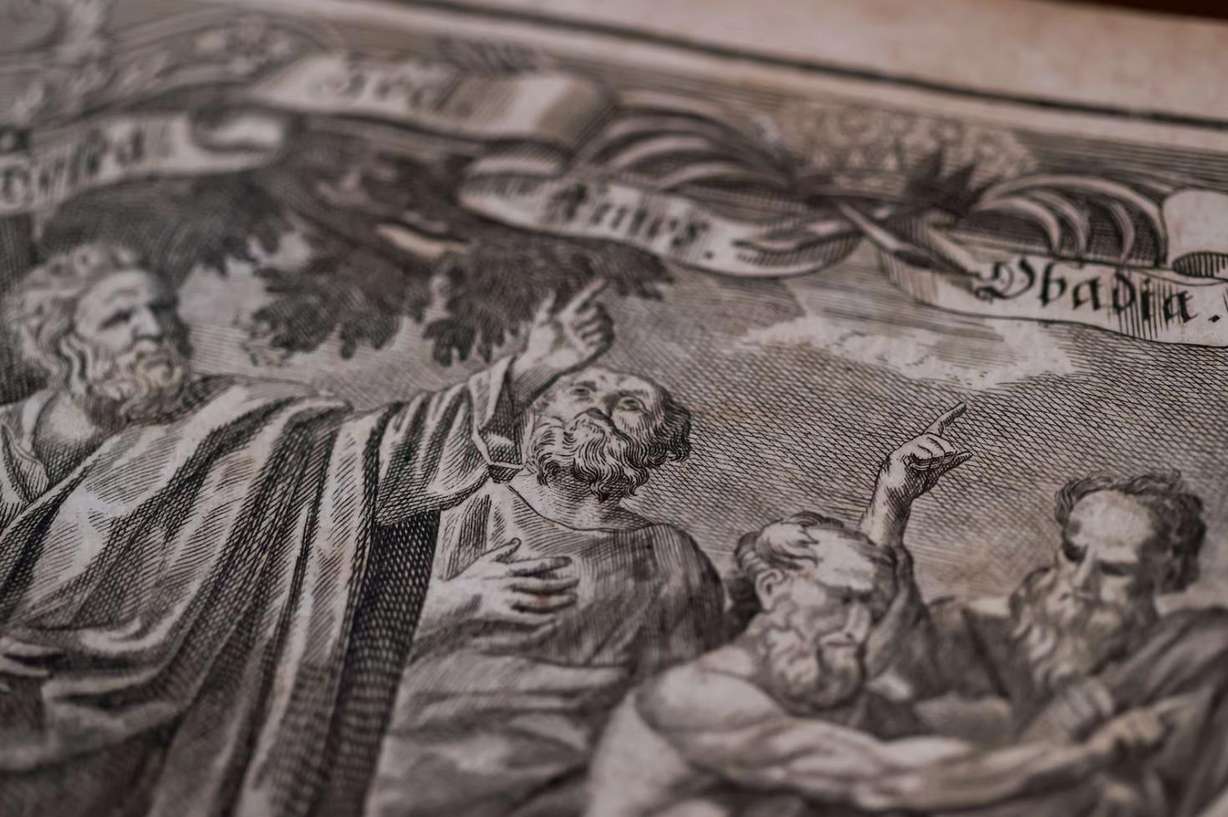 An illustration in an old Bible is seen while on display at Moon's Rare Books in Provo on Oct. 3.