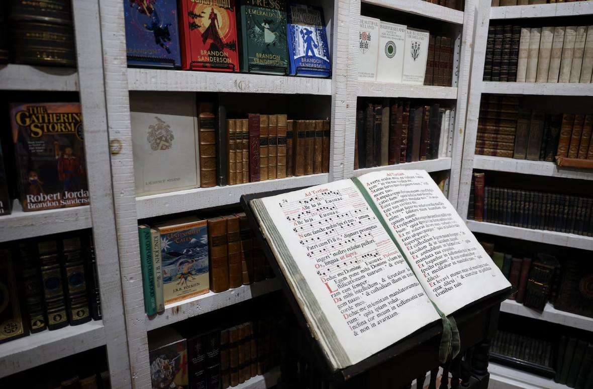Books sit on shelves in the back room that houses Reid Moon’s private collection at Moon's Rare Books in Provo on Oct. 3.