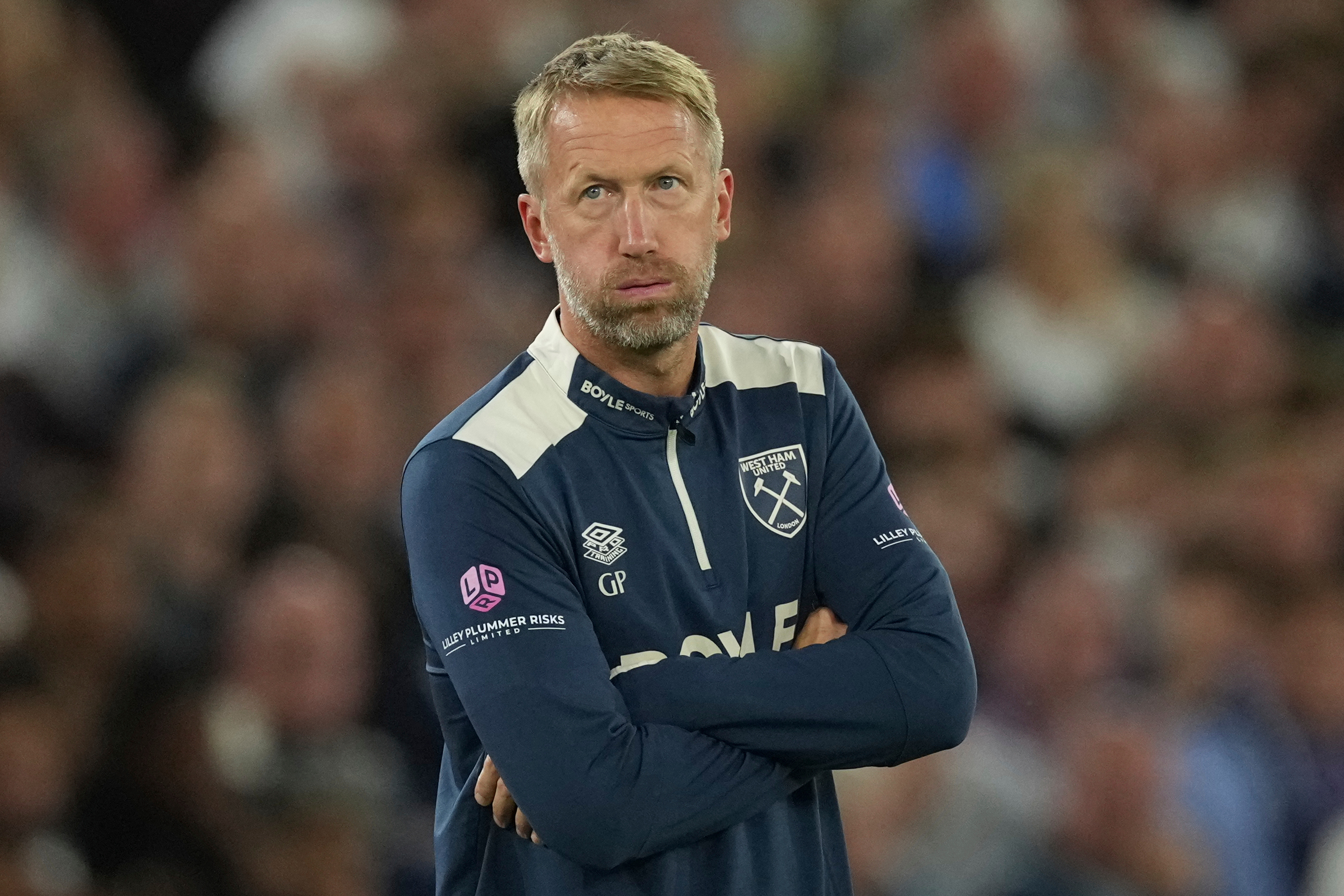 FILE - West Ham's head coach Graham Potter reacts during the Premier League soccer match between Chelsea and West Ham in London, Friday, Aug. 22, 2025. 