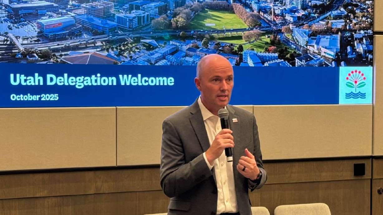 Utah Gov. Spencer Cox speaks to delegates of the World Trade Center Utah trade mission tour to New Zealand and Australia in Auckland, New Zealand, on Sunday.
