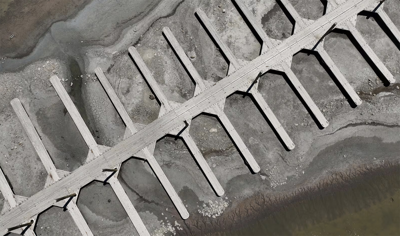 Boat docks are dried up and unusable at the Antelope Island Marina on July 29. Water levels in the Great Salt Lake are low during a sustained drought.