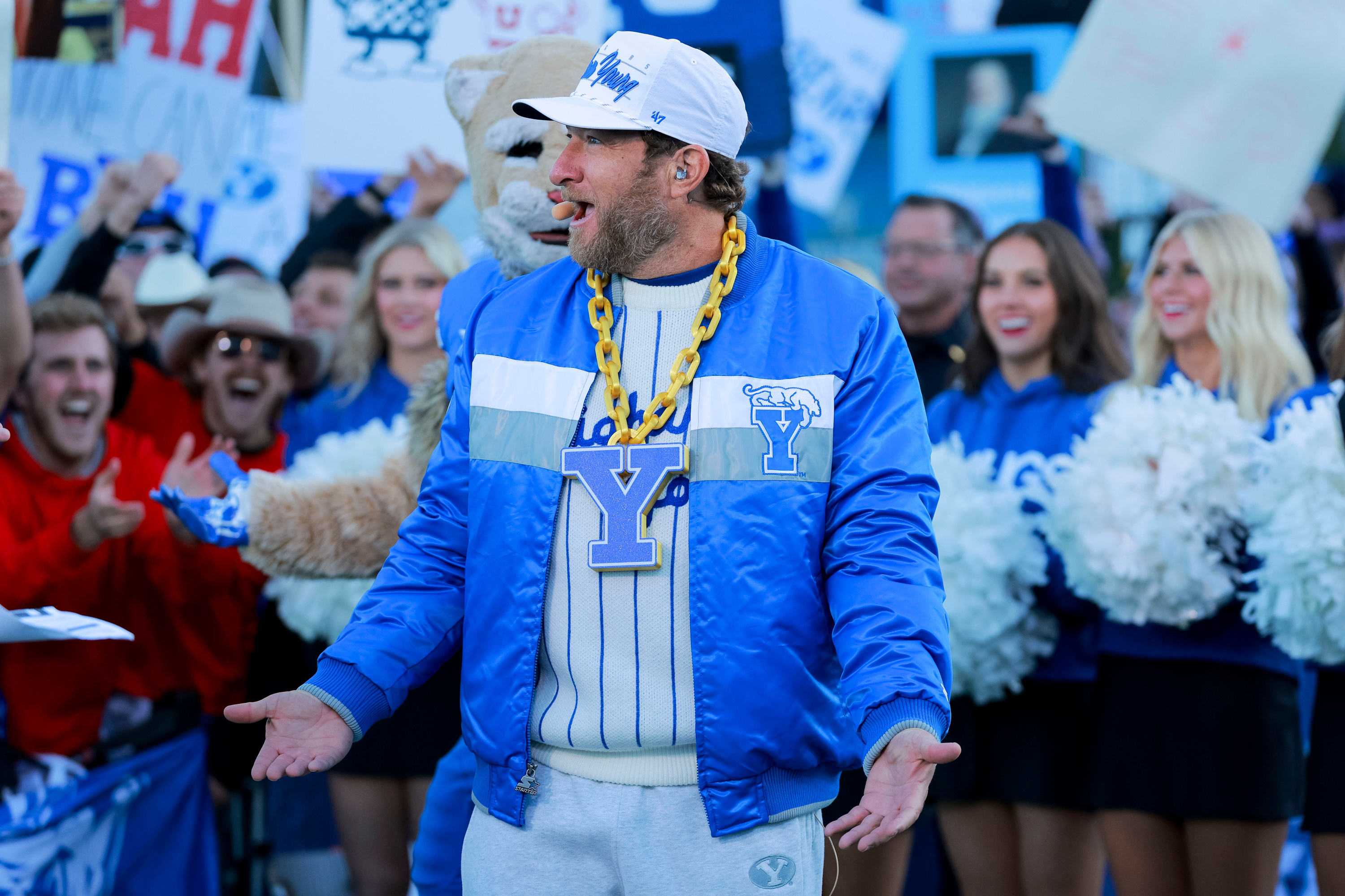 Dave Portnoy, founder of Barstool Sports, reacts during Fox’s “Big Noon Kickoff” show at Brigham Young University in Provo on Saturday.