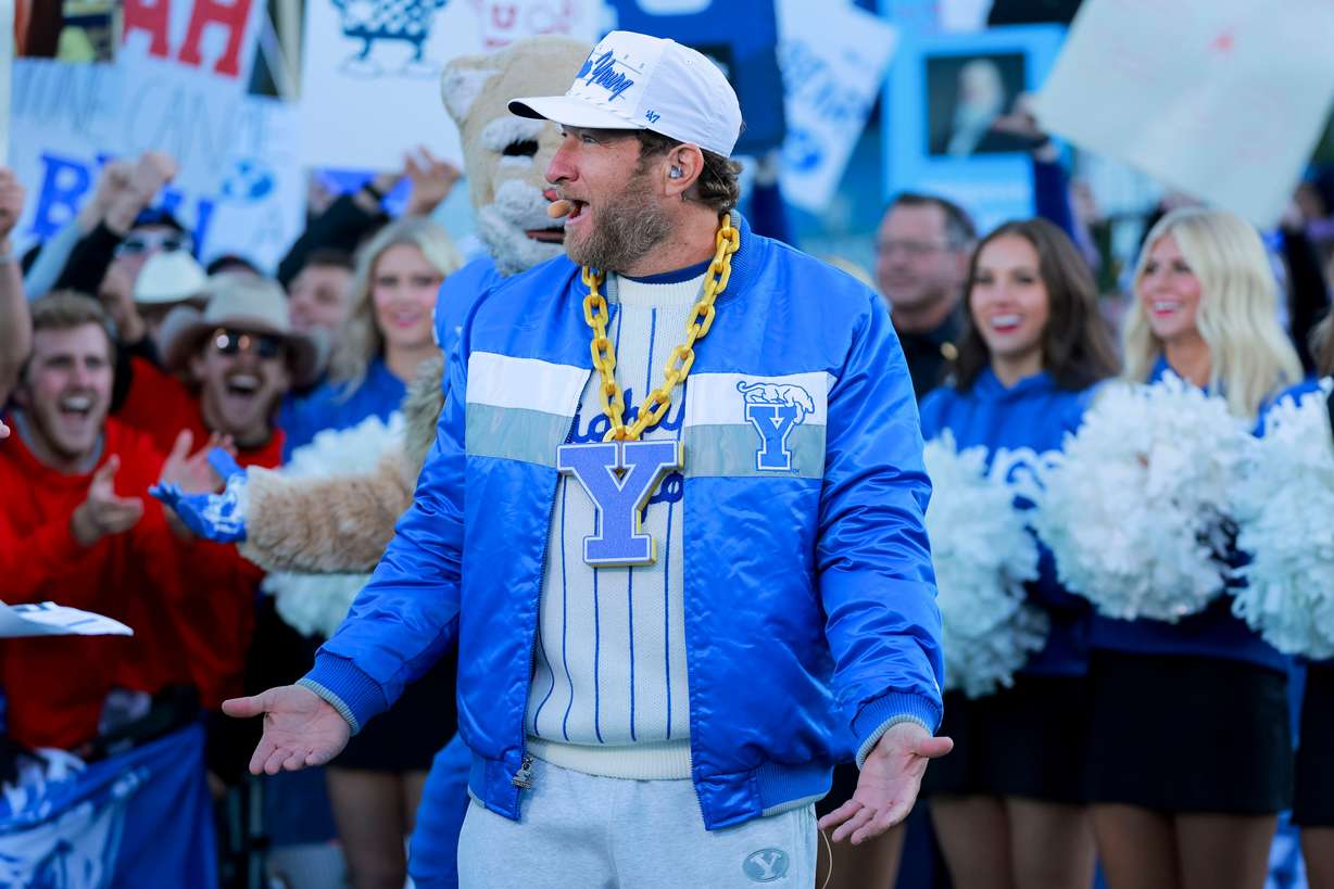 Dave Portnoy, founder of Barstool Sports, reacts during Fox’s “Big Noon Kickoff” show at Brigham Young University in Provo on Saturday.