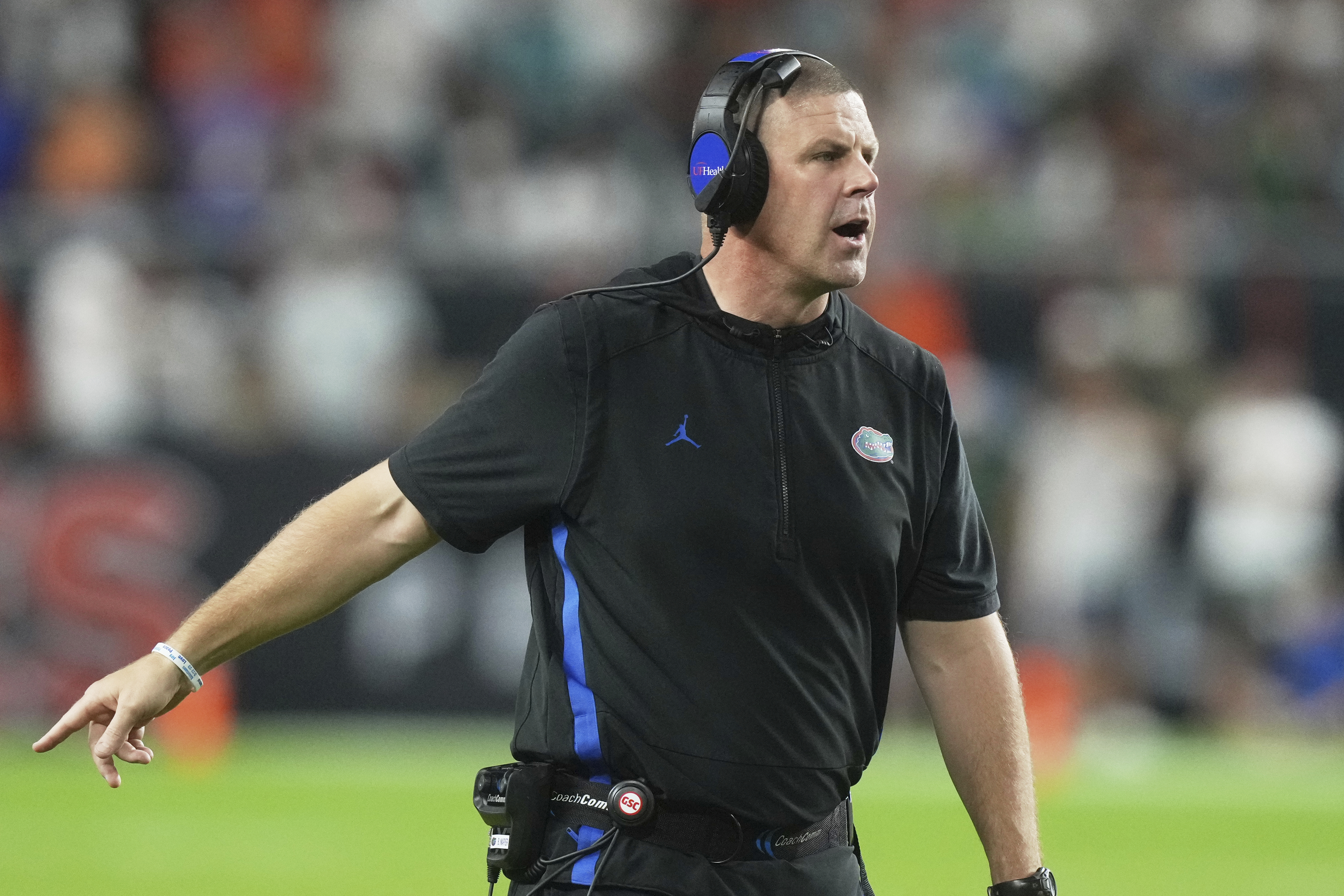 Florida head coach Billy Napier gestures during the second half of an NCAA college football game against Miami, Saturday, Sept. 20, 2025, in Miami Gardens, Fla. 