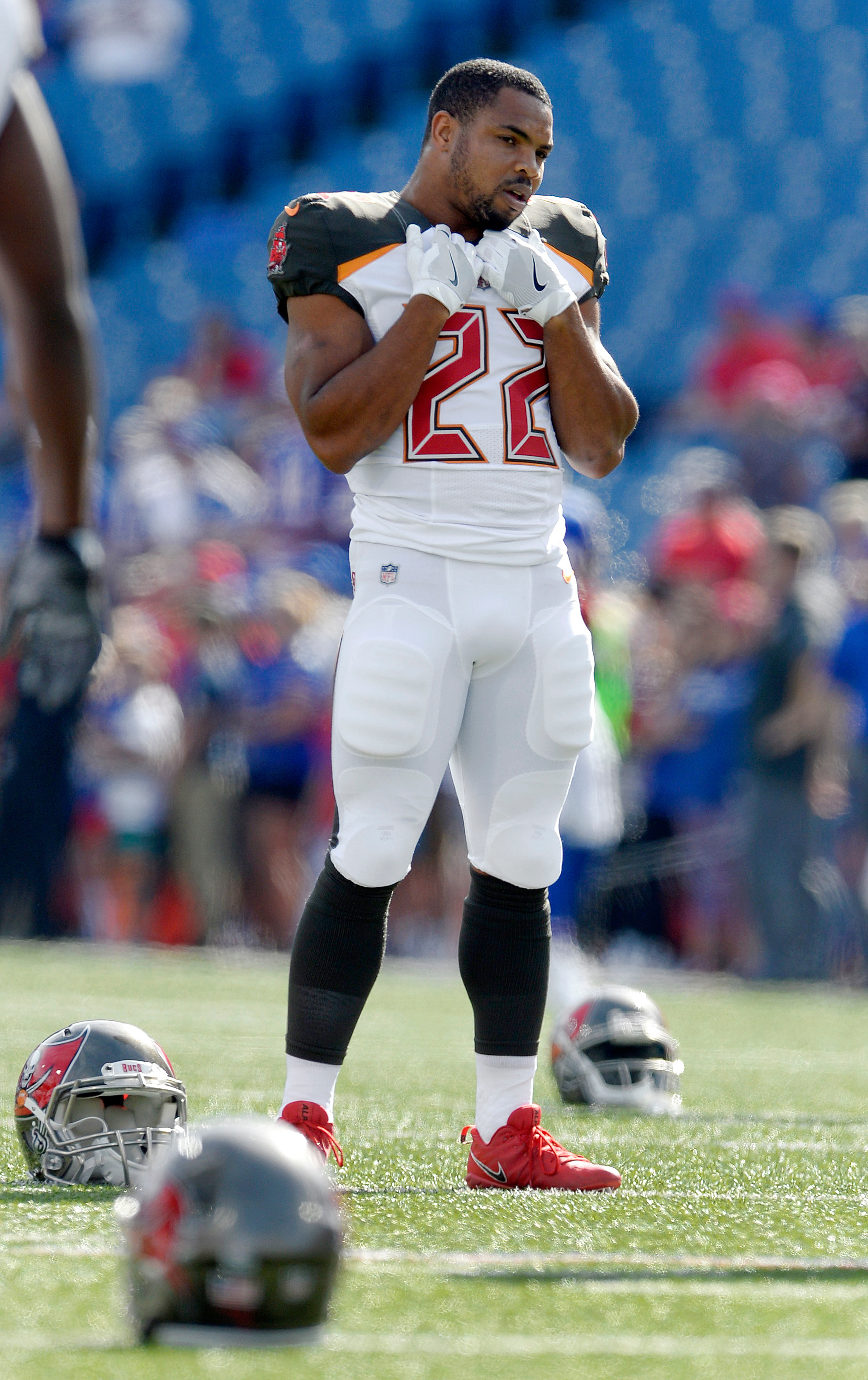 FILE - Tampa Bay Buccaneers running back Doug Martin (22) stretches before an NFL football game against the Buffalo Bills, Sunday, Oct. 22, 2017, in Orchard Park, N.Y. 