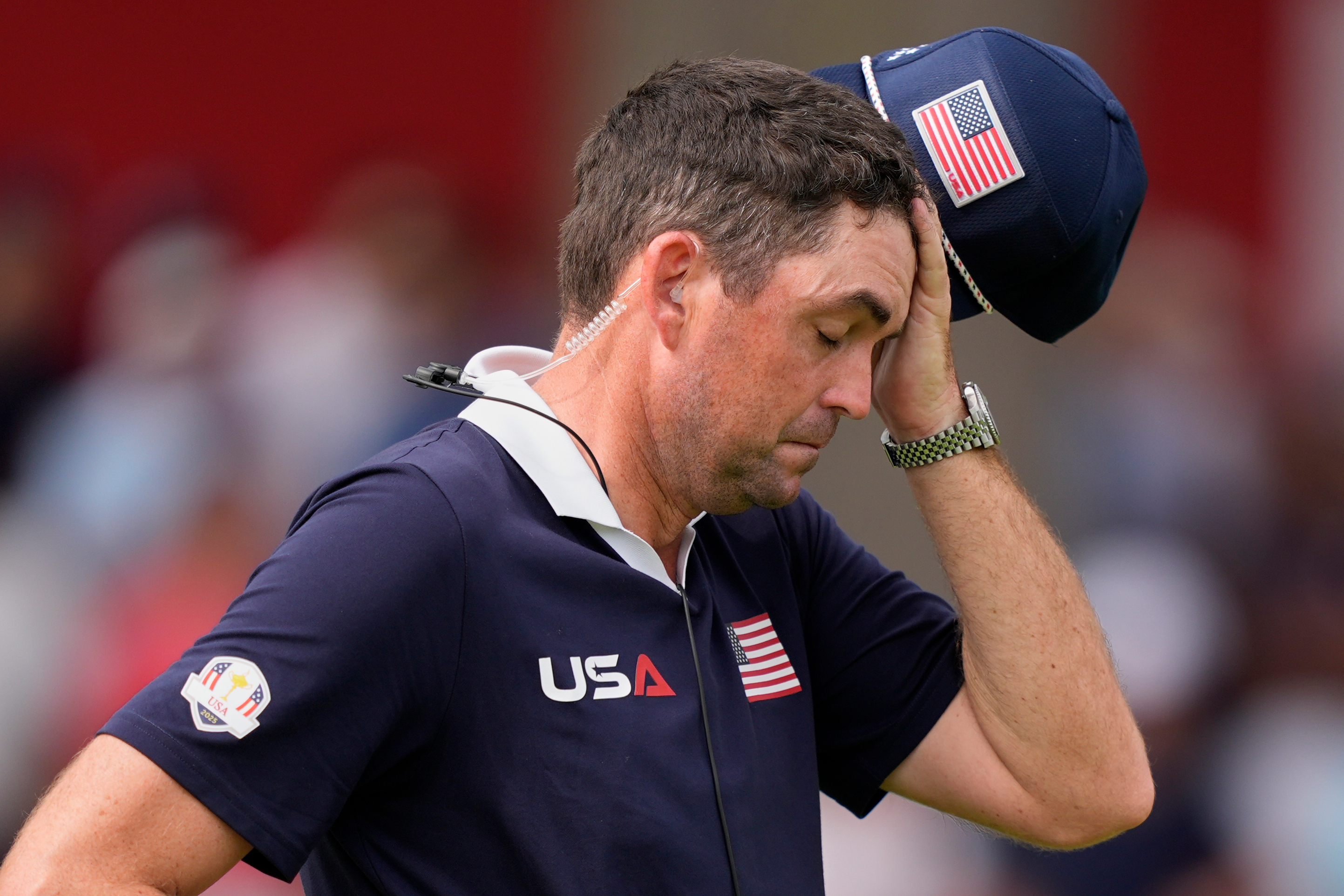 United States captain Keegan Bradley reacts on the second hole at Bethpage Black golf course during the Ryder Cup golf tournament, Saturday, Sept. 27, 2025, in Farmingdale, N.Y.