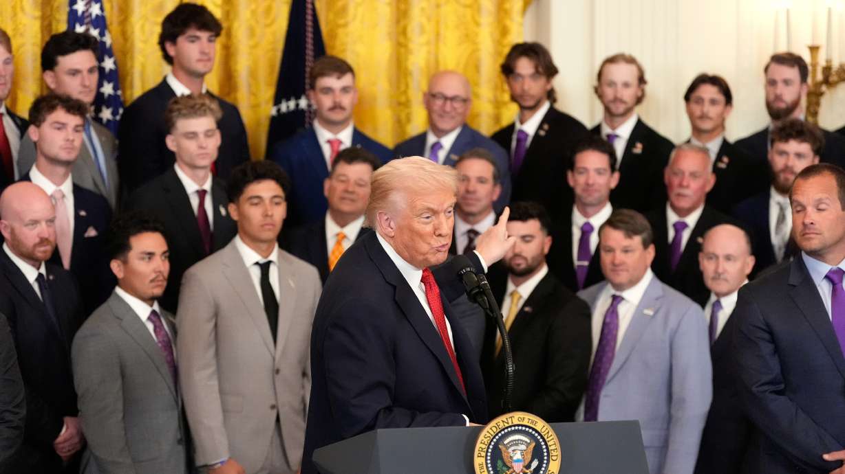President Donald Trump speaks during an event to welcome the 2025 LSU and LSU-Shreveport national champion baseball teams in the East Room of the White House, Monday, Oct. 20, 2025, in Washington.
