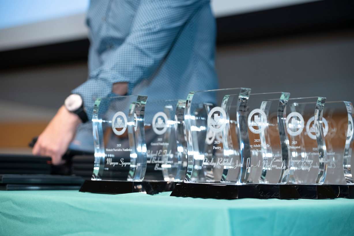 Utah Book Award acrylics are on display at the Utah Book Awards at the Salt Lake Main Library on Oct. 10.
