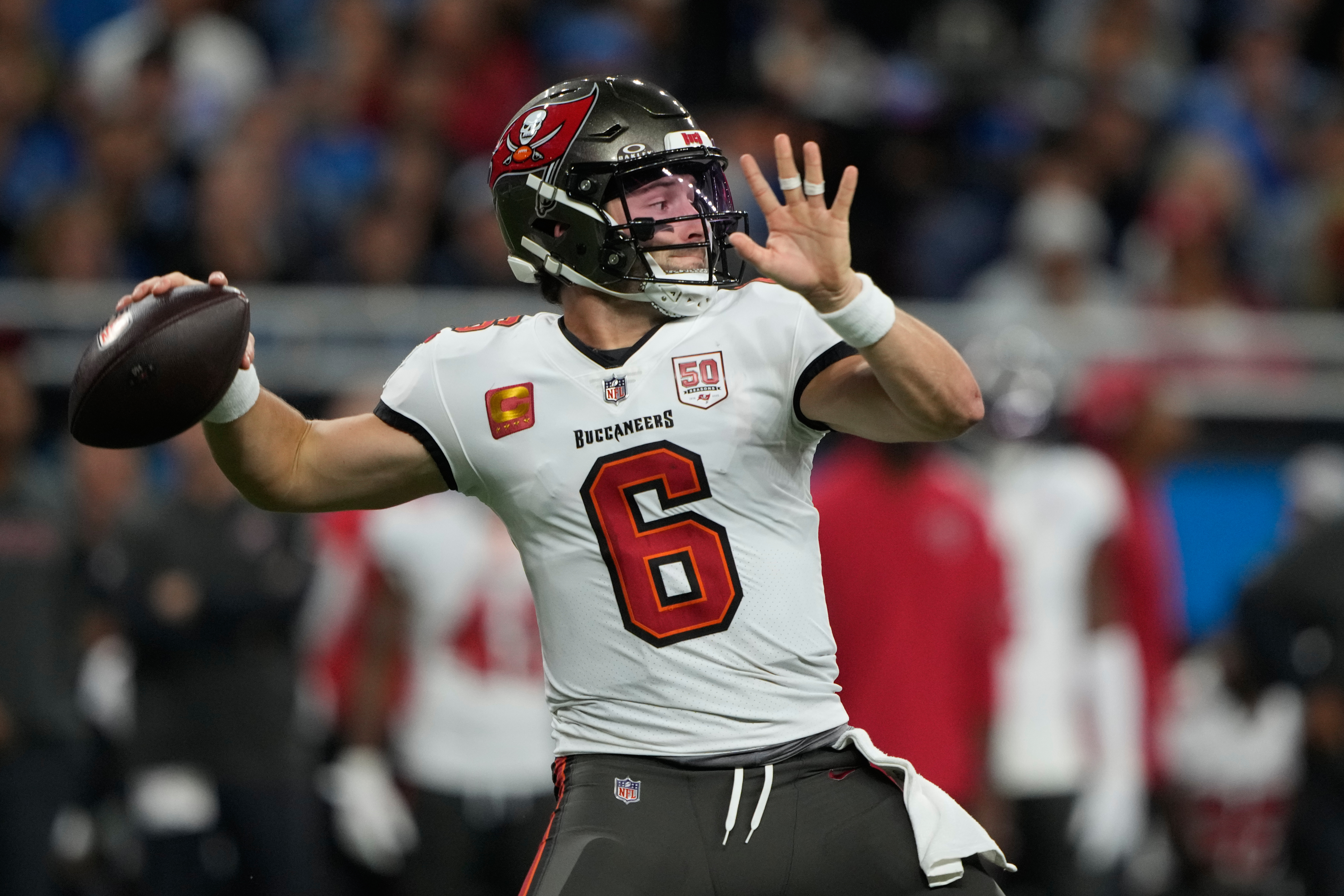 Tampa Bay Buccaneers quarterback Baker Mayfield  throws against the Detroit Lions during the first half of an NFL football game, Monday, Oct. 20, 2025, in Detroit. AP Photo/Ryan Sun)