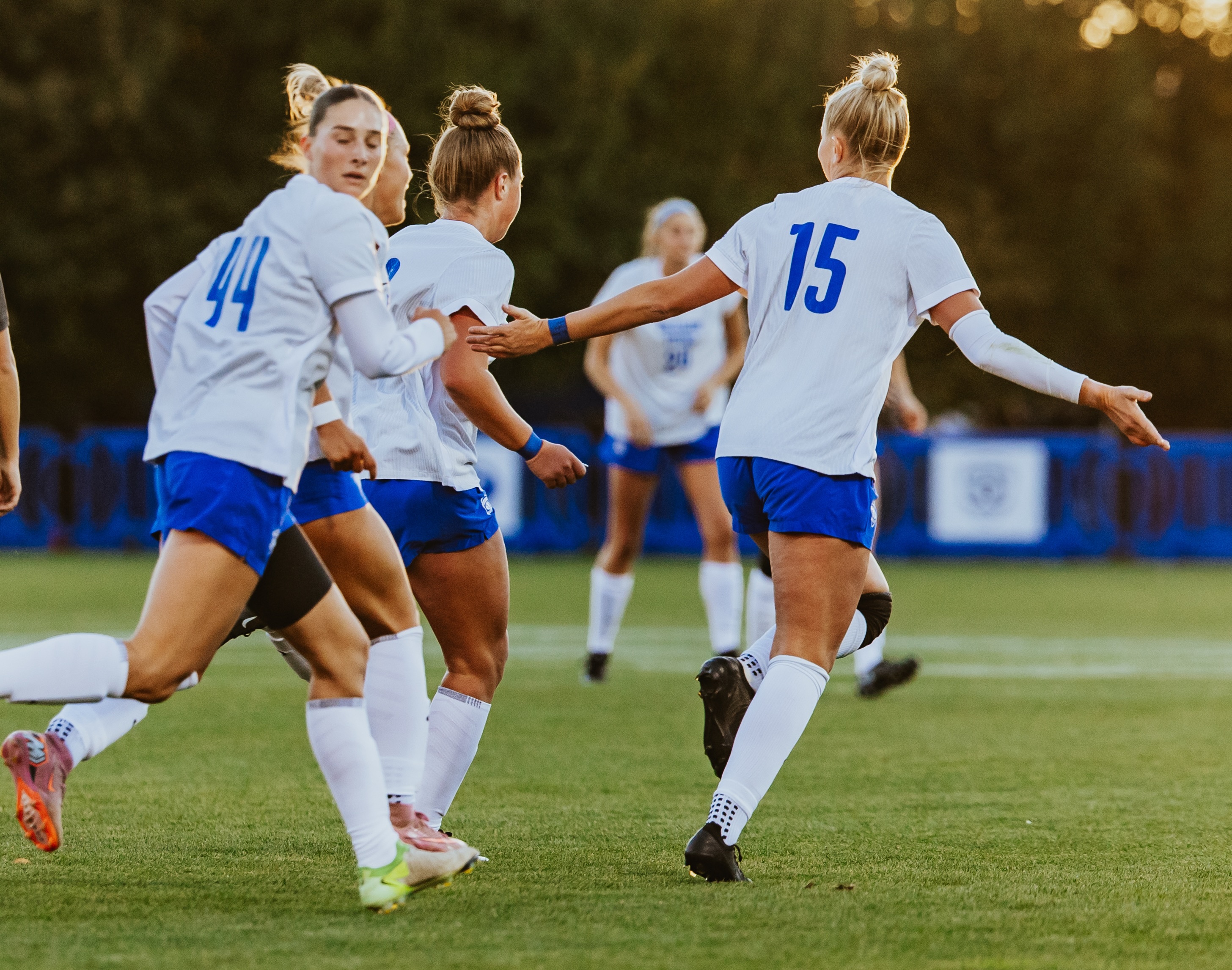 BYU women's soccer celebrates Ellie Walbruch's goal in a 2-2 draw with No. 21 Colorado, Monday, Oct. 20, 2025 at South Field in Provo, Utah.