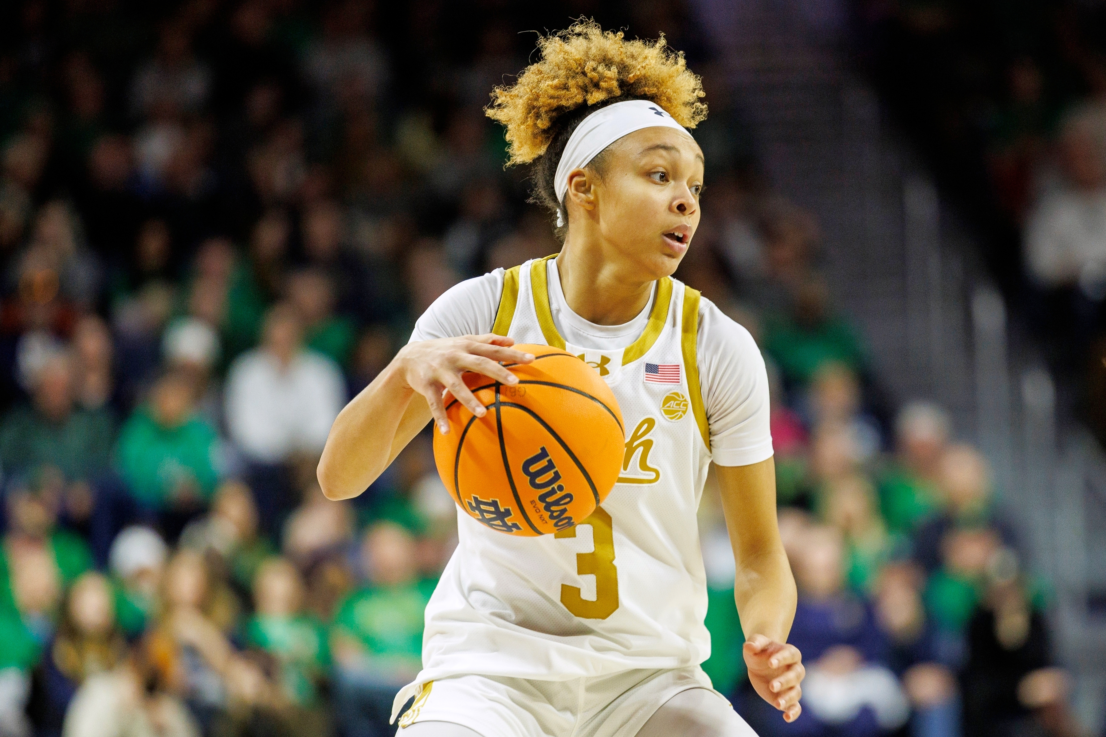 FILE - Notre Dame guard Hannah Hidalgo (3) during the first half of an NCAA college basketball game against Duke, Monday, Feb. 17, 2025, in South Bend, Ind. 