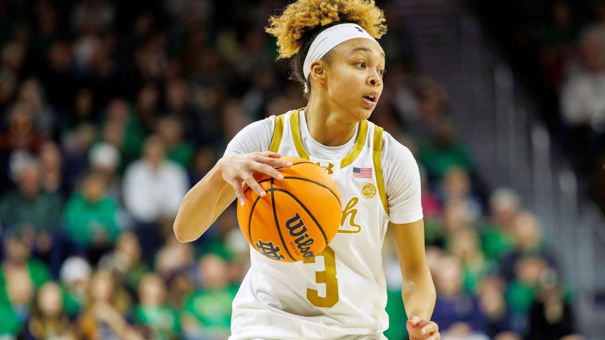 FILE - Notre Dame guard Hannah Hidalgo (3) during the first half of an NCAA college basketball game against Duke, Monday, Feb. 17, 2025, in South Bend, Ind.