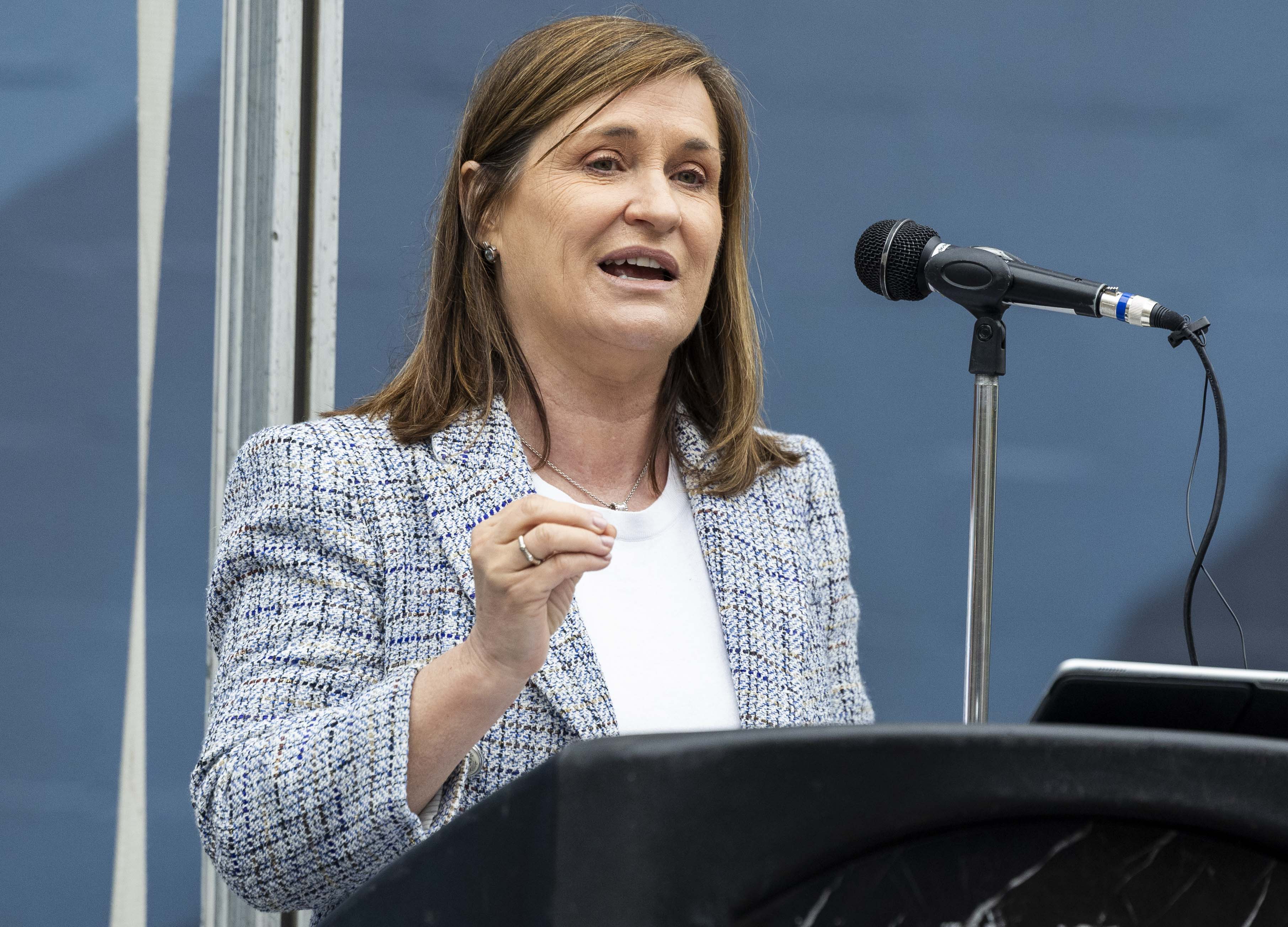 Salt Lake County Mayor Jenny Wilson speaks in Salt Lake City on May 13. Wilson on Tuesday proposed a nearly 20% property tax increase for next year.