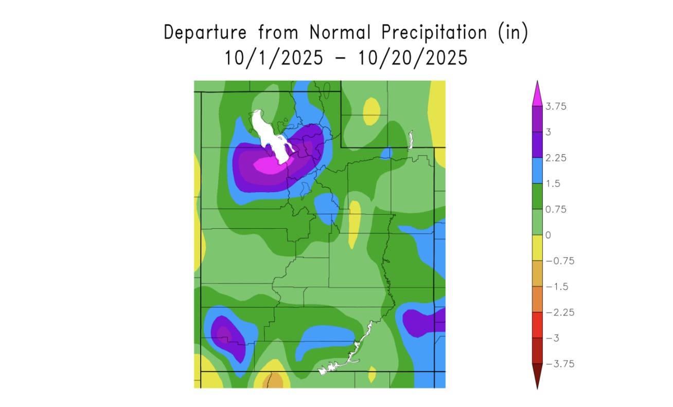 This map shows how different precipitation levels from Oct. 1 through Monday are compared to the normal in past years across Utah. Areas by the southern end of the Great Salt Lake and parts of southern Utah have gained the highest above-normal precipitation so far this month, including a record-setting month in Salt Lake City.
