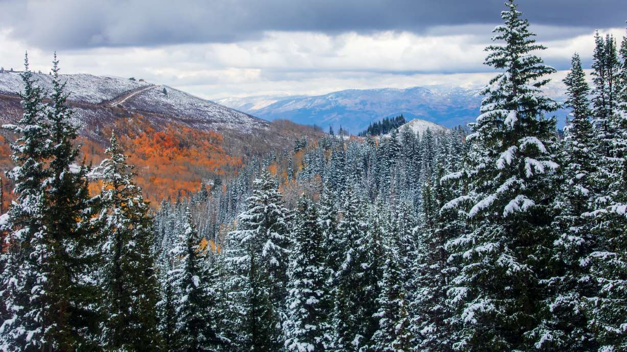 Snow and fall foliage clash near Bloods Lake in the Wasatch Backcountry on Oct. 4. A new long-range forecast released on Thursday signals uncertainty for Utah heading into meteorological winter.