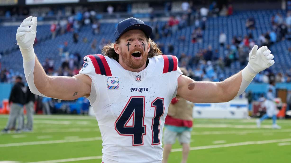 New England Patriots safety Brenden Schooler (41) celebrates following an NFL football game against the Tennessee Titans, Sunday, Oct. 19, 2025, in Nashville, Tenn.