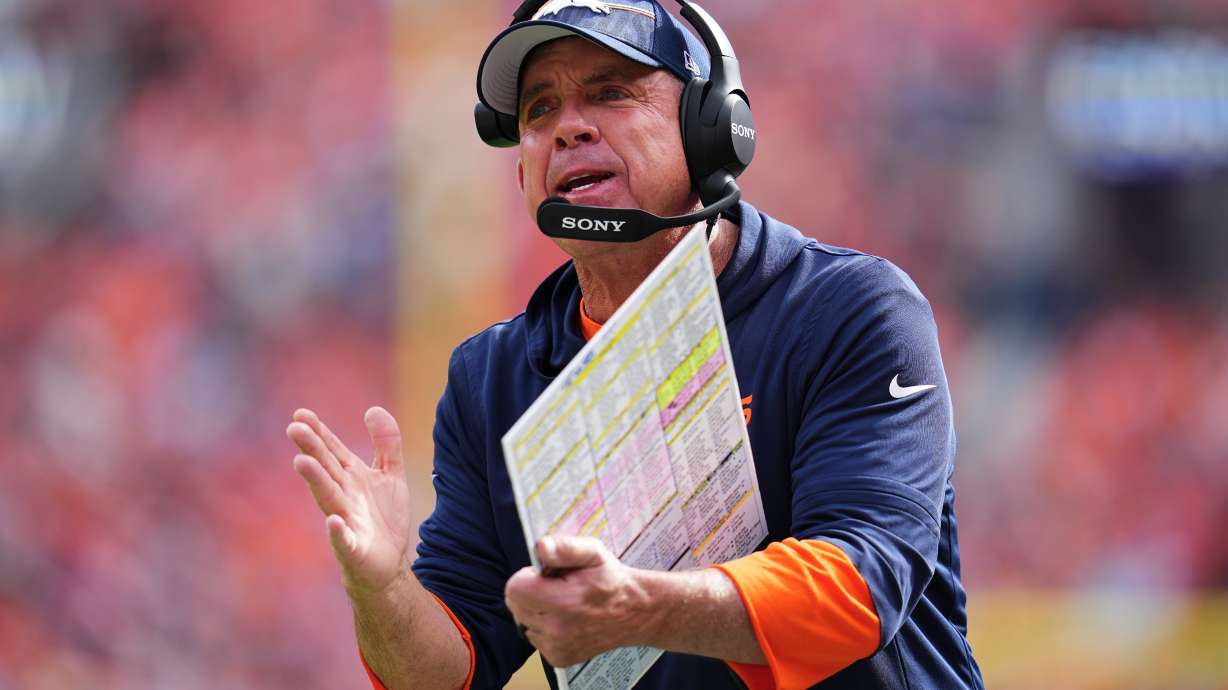 Denver Broncos head coach Sean Payton gestures during the first half of an NFL football game against the New York Giants in Denver, Sunday, Oct. 19, 2025.