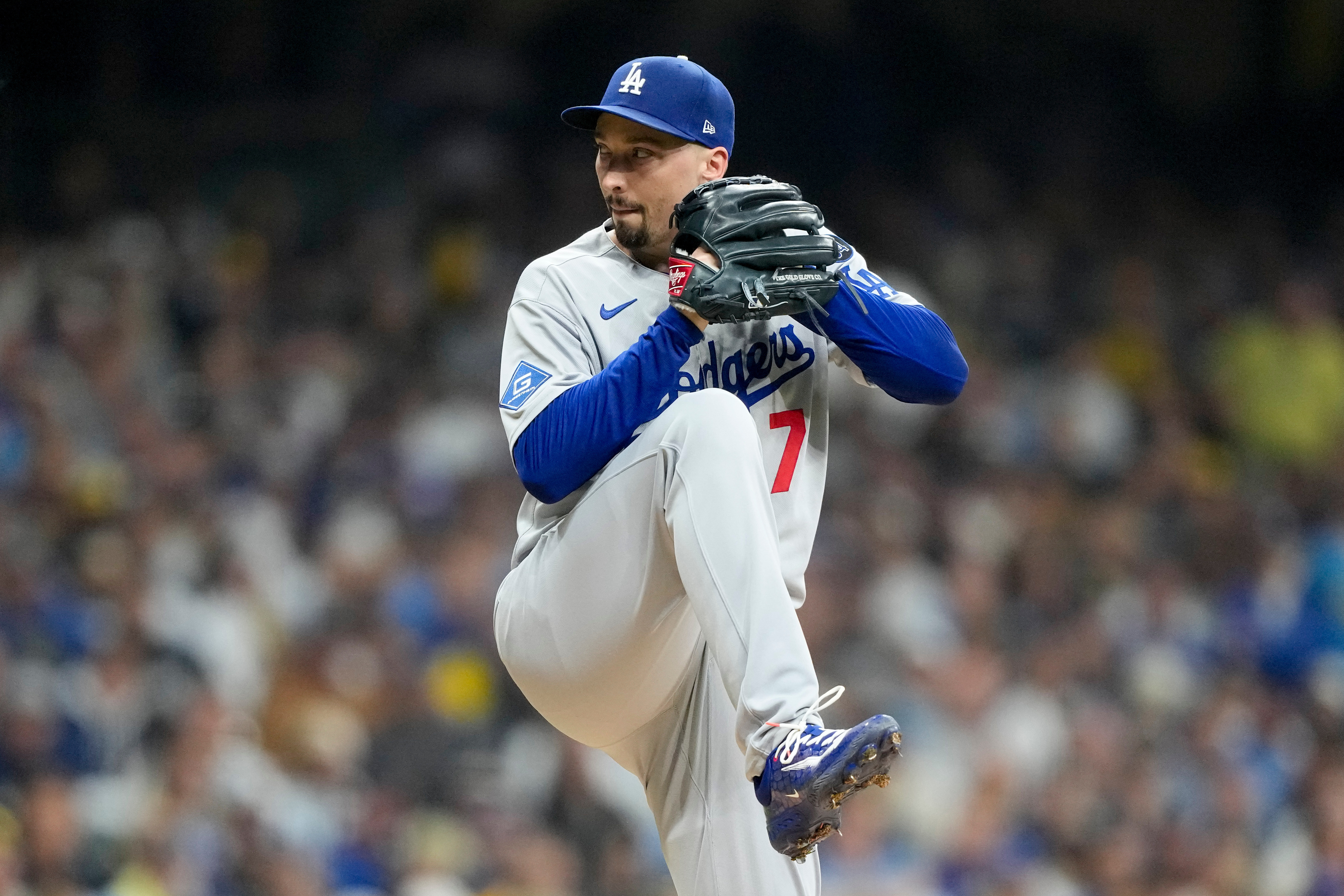 Los Angeles Dodgers pitcher Blake Snell throws against the Milwaukee Brewers during the first inning in Game 1 of baseball's National League Championship Series, Monday, Oct. 13, 2025, in Milwaukee. 