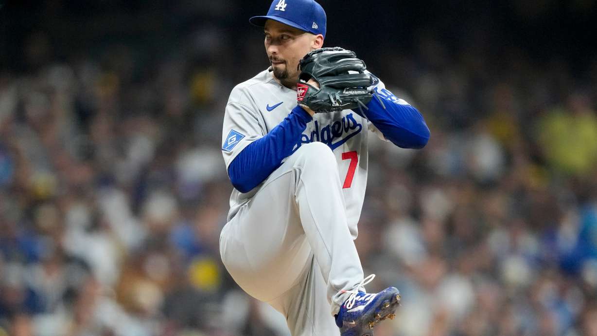 Los Angeles Dodgers pitcher Blake Snell throws against the Milwaukee Brewers during the first inning in Game 1 of baseball's National League Championship Series, Monday, Oct. 13, 2025, in Milwaukee.