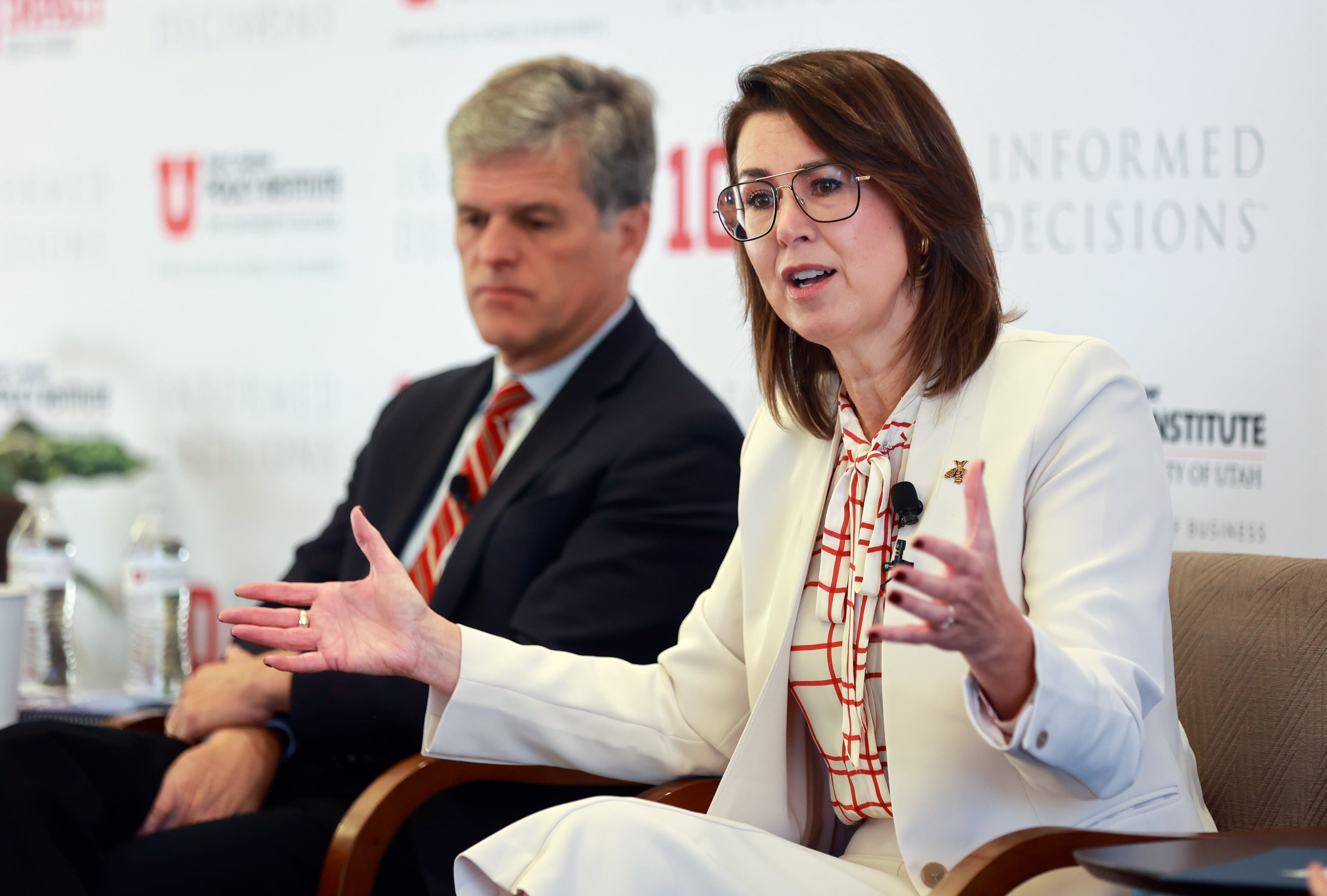 Utah Lt. Gov. Deidre Henderson speaks during a “Dignity in the Public Discourse” panel discussion at the Kem C. Gardner Policy Institute Newsmaker Breakfast in Salt Lake City on Tuesday.