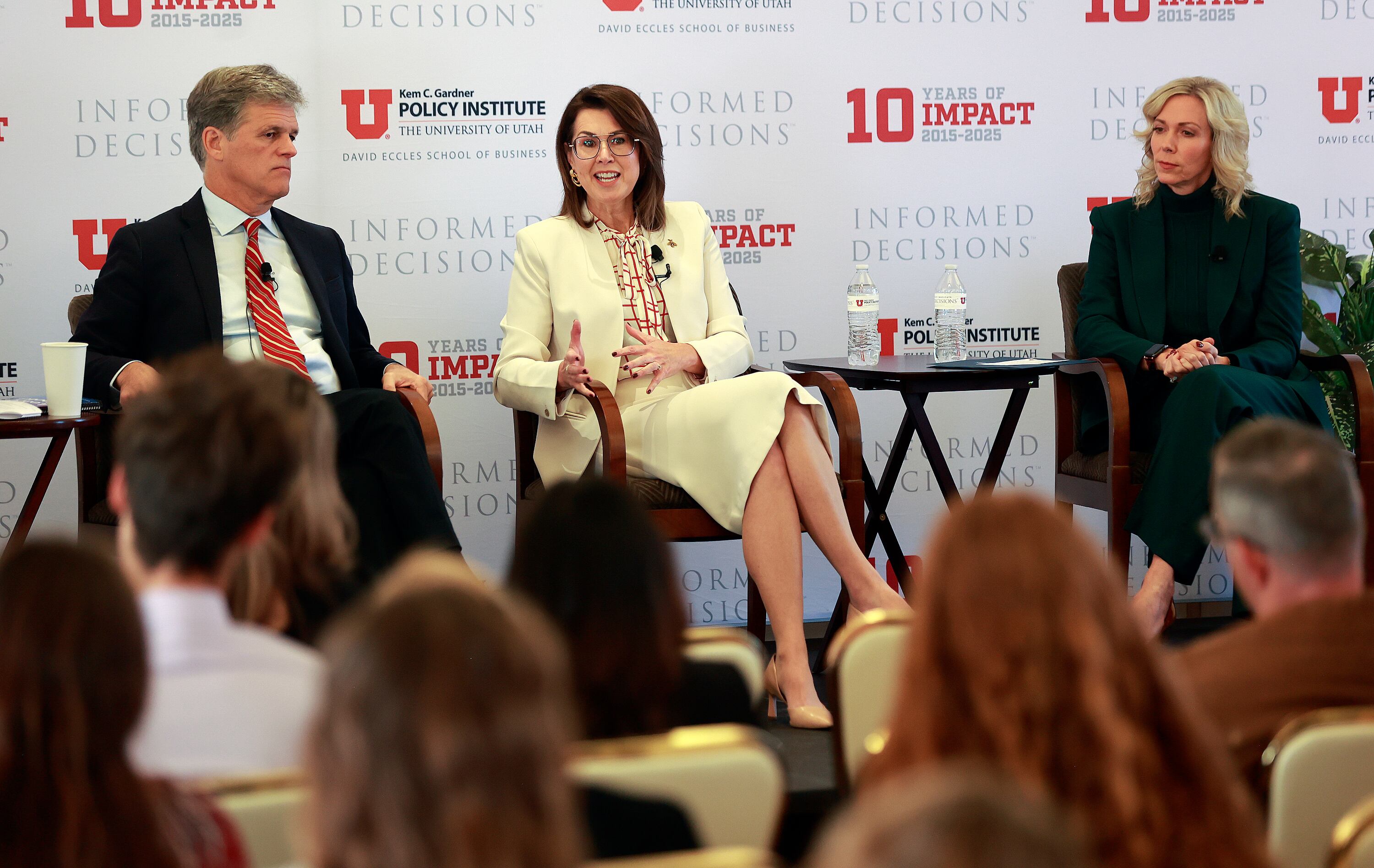Timothy Shriver, University of Utah impact scholar, UNITE founder and CEO, and The Dignity Index co-creator, Utah Lt. Gov. Deidre Henderson, and Amanda Covington, Utah System of Higher Education board chairwoman, participate in a “Dignity in the Public Discourse” panel discussion at the Kem C. Gardner Policy Institute Newsmaker Breakfast in Salt Lake City on Tuesday.