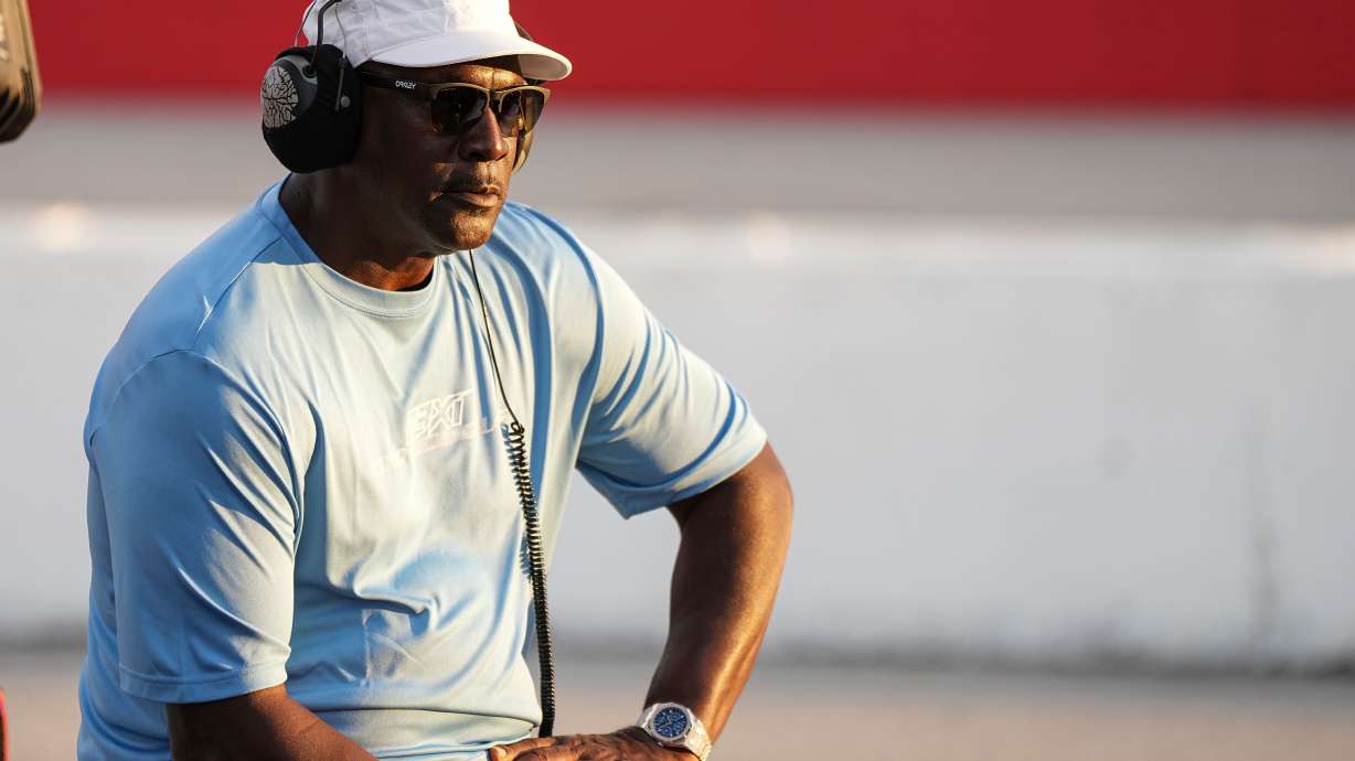 FILE - Team owner Michael Jordan looks on during a NASCAR Cup Series auto race at Darlington Raceway, Aug. 31, 2025, in Darlington, S.C.