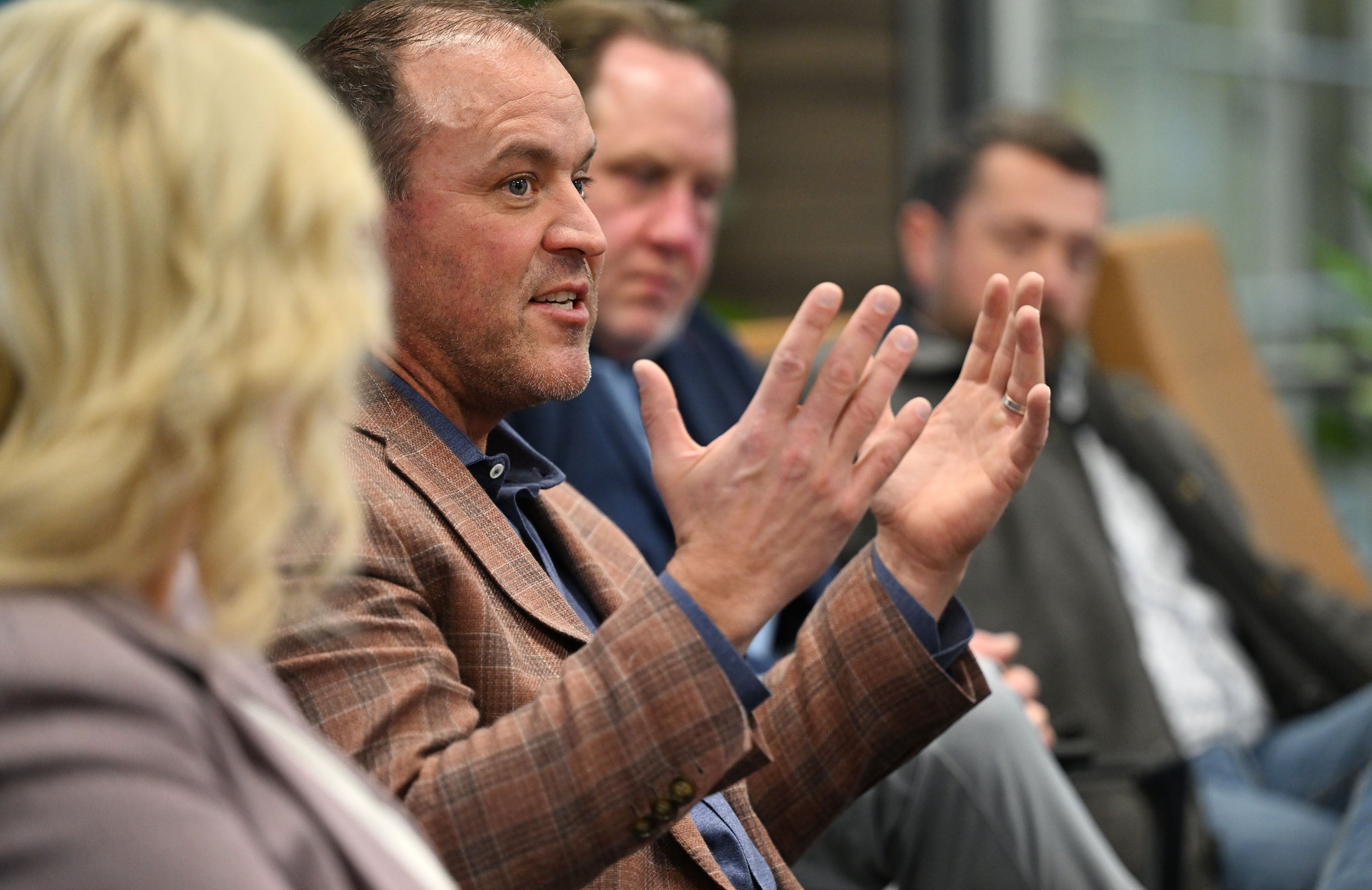 House Speaker Mike Schultz, R-Hooper, talks as he and Utah House Majority Whip Karianne Lisonbee, R-Clearfield, House Majority Leader Jefferson Moss, R-Saratoga Springs, and House Majority Assistant Whip Casey Snider, R-Paradise, attend a combined Deseret News and KSL editorial boards meeting in Salt Lake City on Jan. 14.