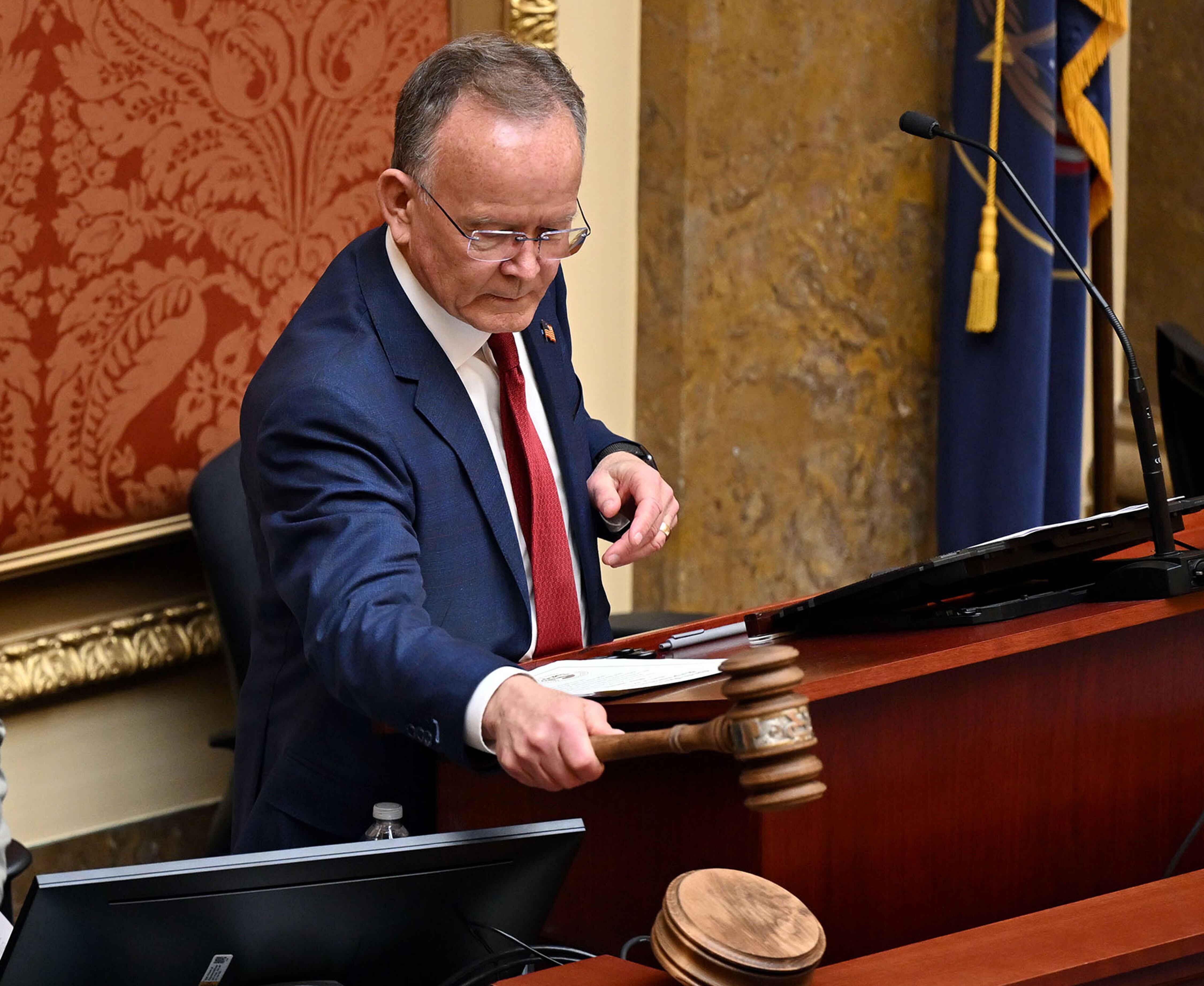 Senate President Stuart Adams gavels in the joint session ahead of listening to Utah’s Supreme Court Chief Justice Matthew B. Durrant, inside the House of Representatives at the Capitol in Salt Lake City on Jan. 21.