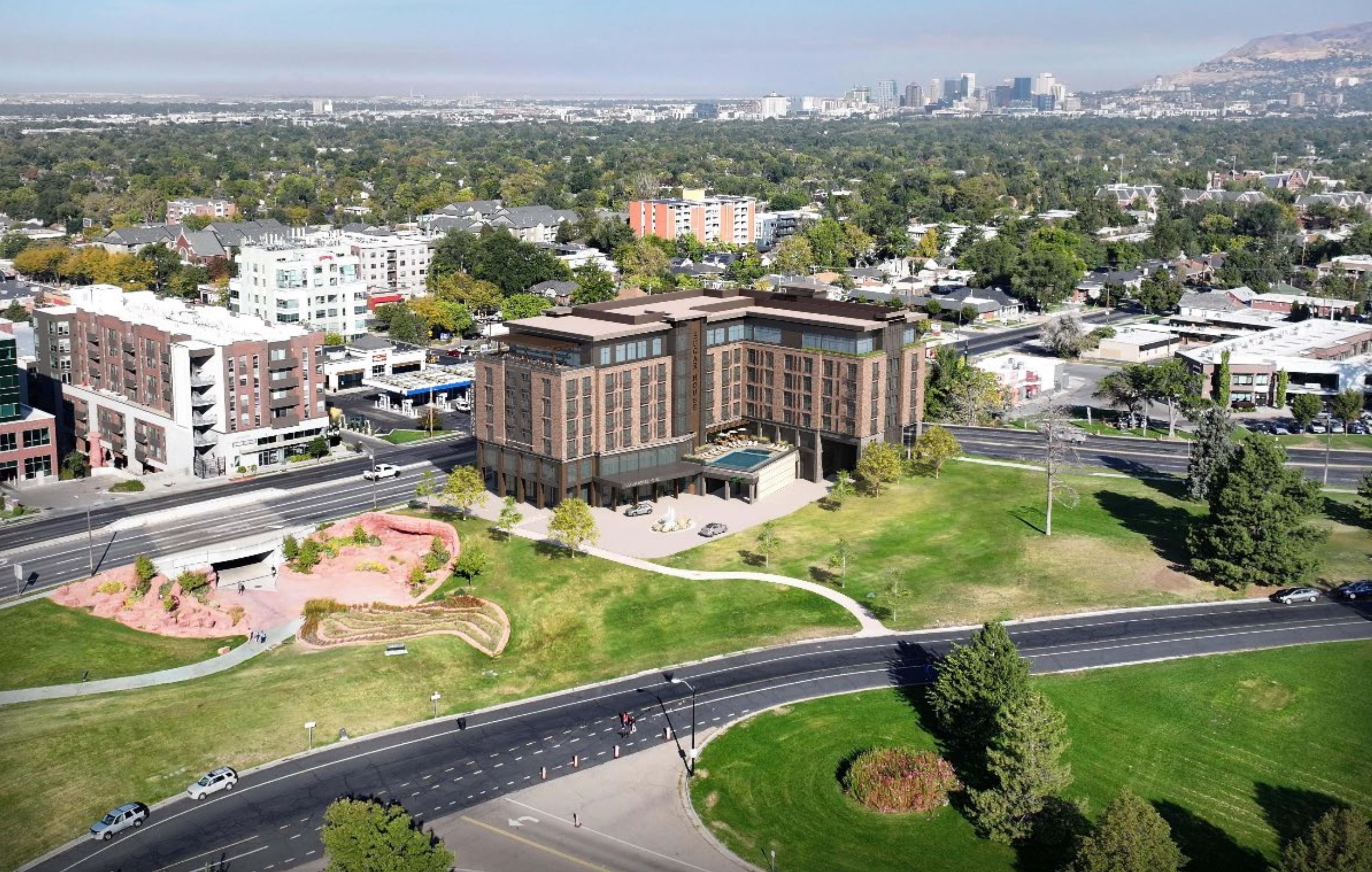 A rendering of a proposed 90-foot, seven-story hotel on the corner of 2100 South and 1300 East next to Sugar House Park. The Salt Lake City Council voted Tuesday to reject a rezone for the project, delivering a blow to the plan.