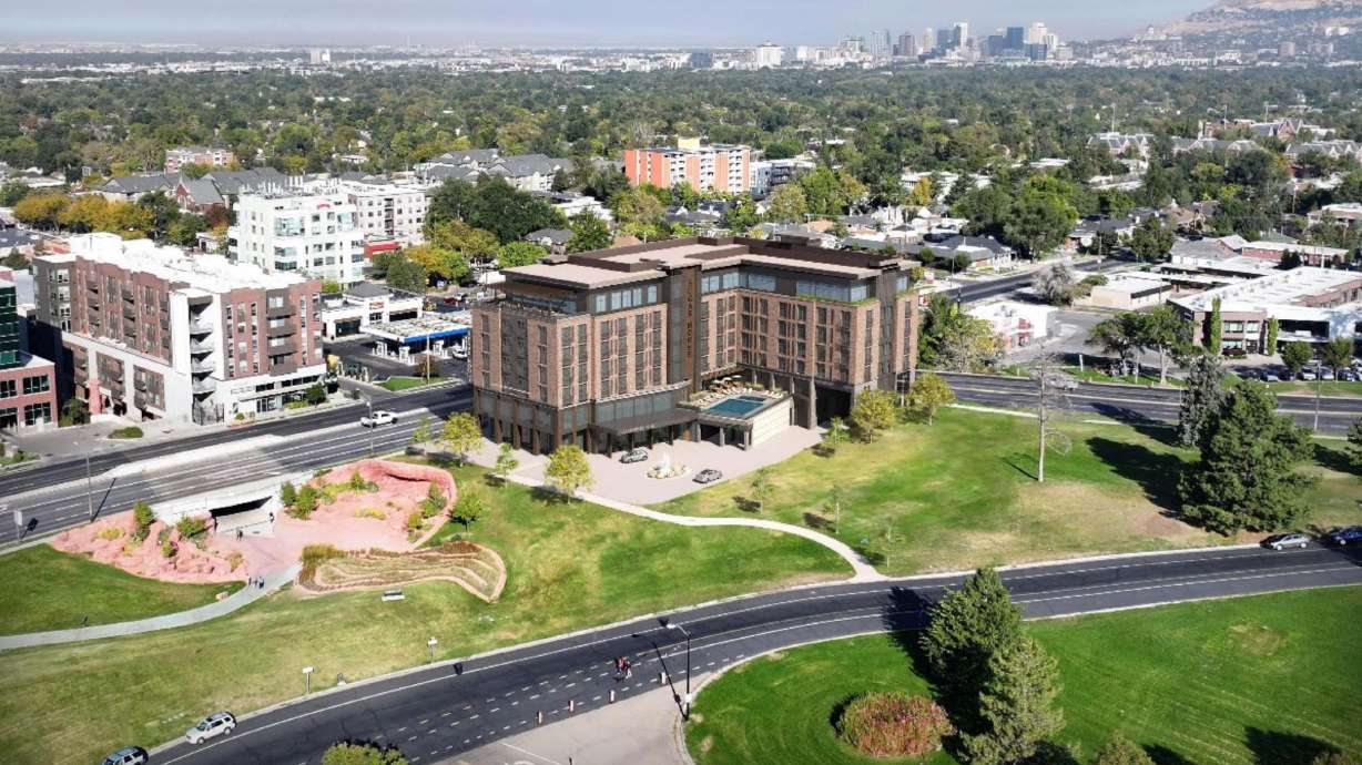 A rendering of a proposed 90-foot, seven-story hotel on the corner of 2100 South and 1300 East next to Sugar House Park.
