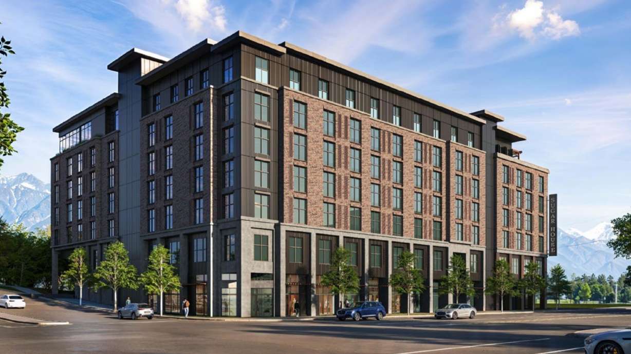 A rendering of the proposed seven-story, 90-foot hotel at the corner of 2100 South and 1300 East in Salt Lake City. The Salt Lake City Council is considering rezoning the land to make way for the project.