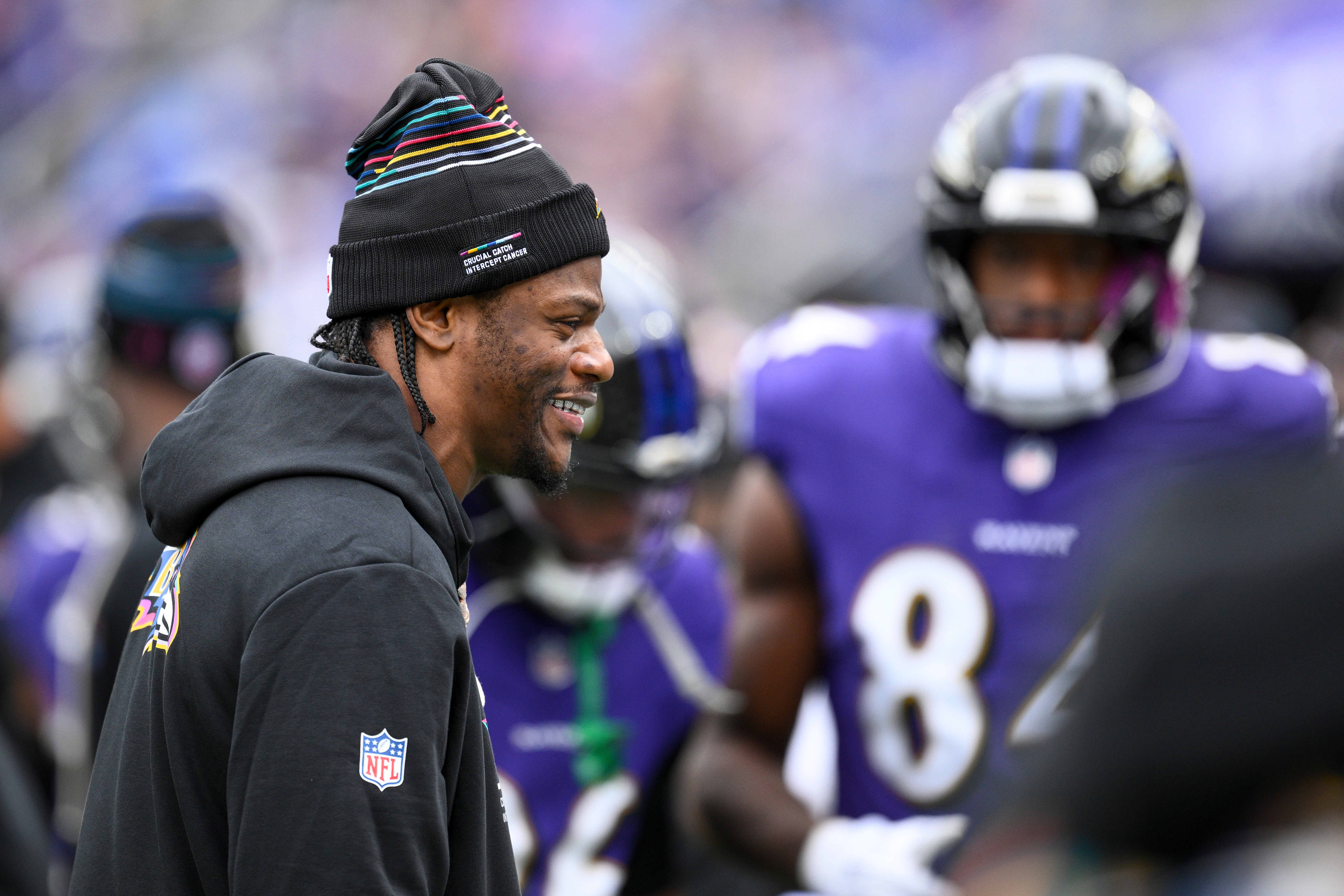 Baltimore Ravens quarterback Lamar Jackson walks on the sideline during the first half of an NFL football game against the Los Angeles Rams Sunday, Oct. 12, 2025, in Baltimore. 