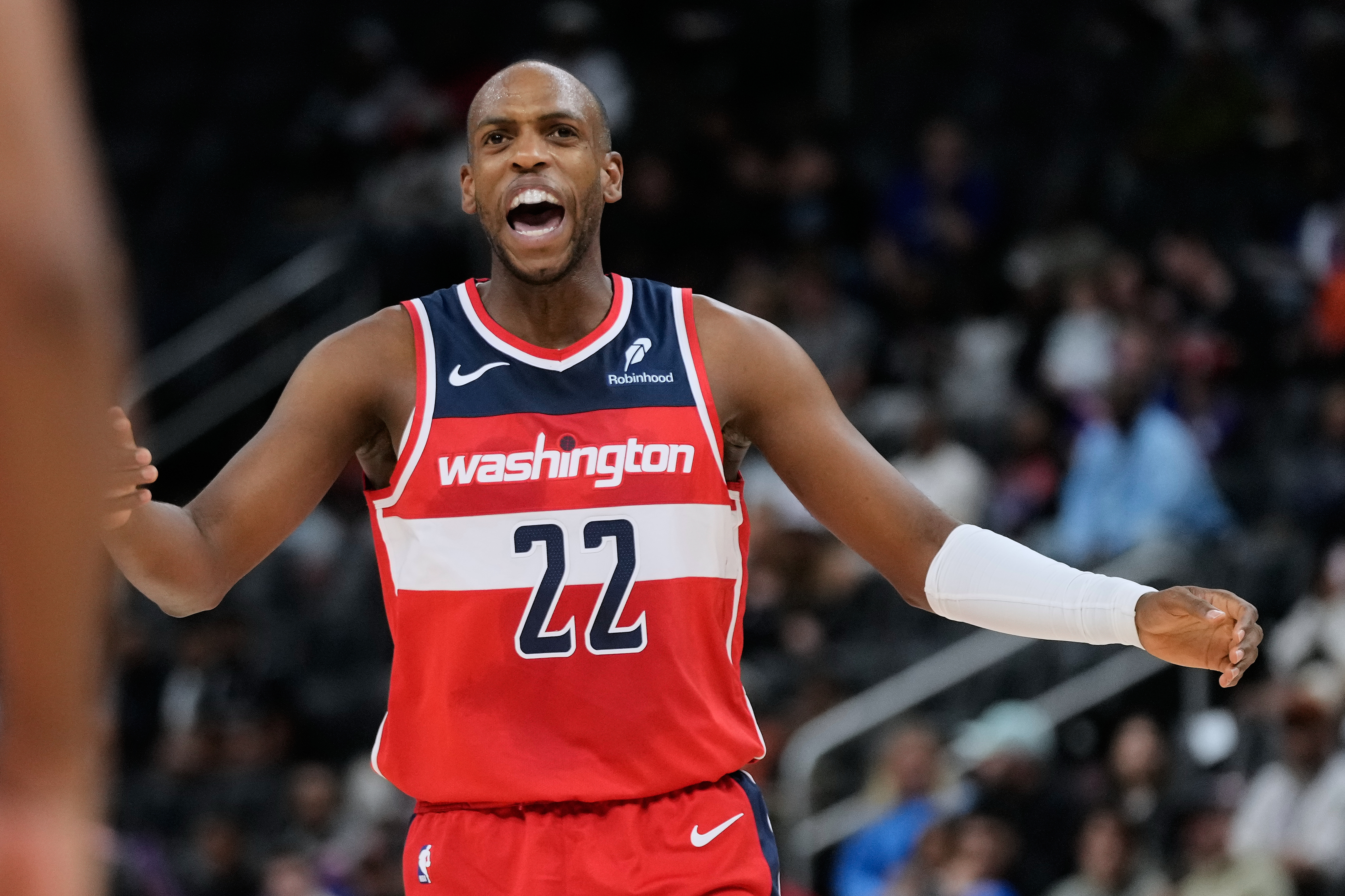 Washington Wizards forward Khris Middleton reacts during the first half of a preseason NBA basketball game against the Detroit Pistons Thursday, Oct. 16, 2025, in Detroit. BKN