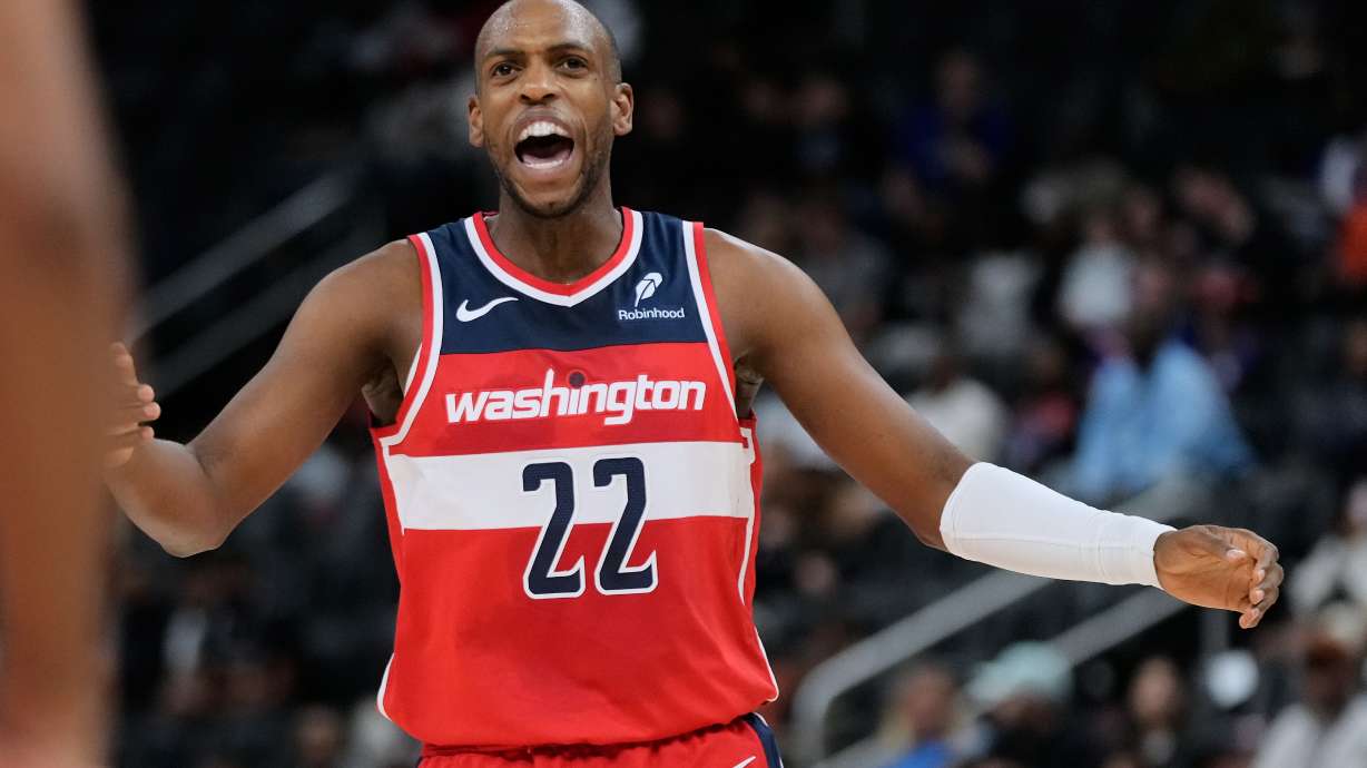 Washington Wizards forward Khris Middleton reacts during the first half of a preseason NBA basketball game against the Detroit Pistons Thursday, Oct. 16, 2025, in Detroit. BKN