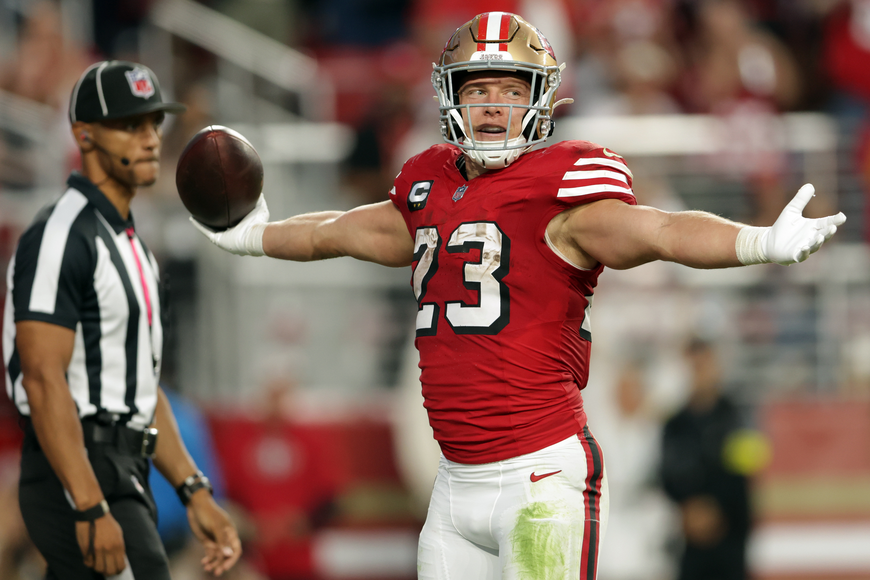 San Francisco 49ers' Christian McCaffrey celebrates a second-quarter touchdown run against the Atlanta Falcons during an NFL football game in Santa Clara, Calif., on Sunday, Oct. 19, 2025.