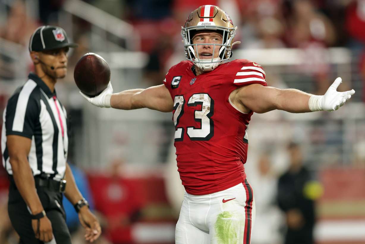 San Francisco 49ers' Christian McCaffrey celebrates a second-quarter touchdown run against the Atlanta Falcons during an NFL football game in Santa Clara, Calif., on Sunday, Oct. 19, 2025.