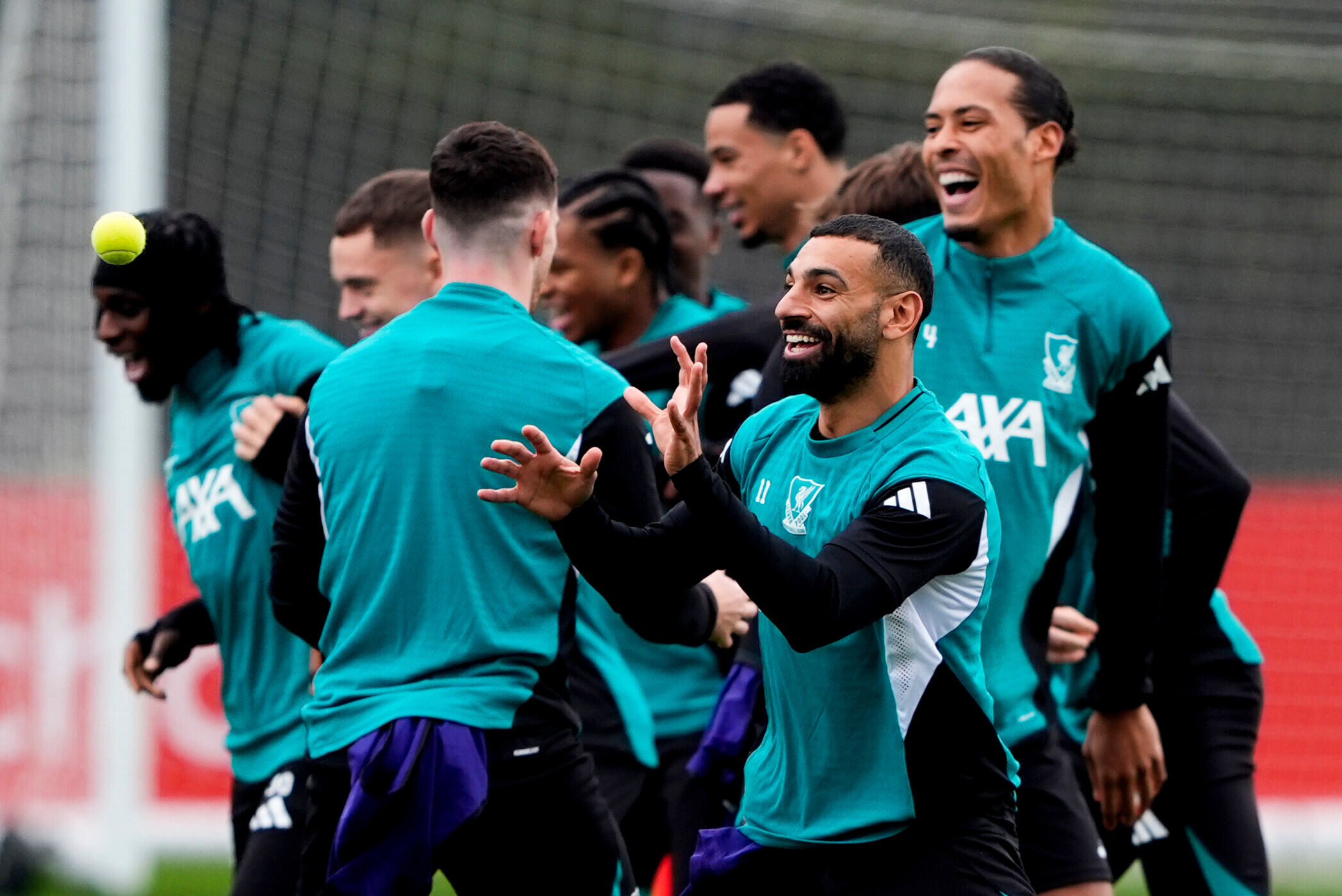 Liverpool's Mohamed Salah during a training session in Liverpool, England, Tuesday, Oct. 21, 2025. 