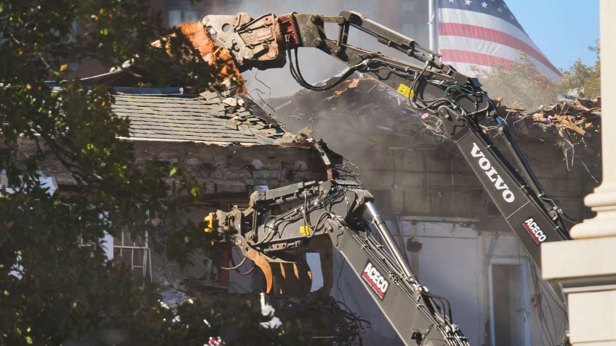 Work continues on the demolition of a part of the East Wing of the White House, Tuesday, in Washington, before construction of a new ballroom. The full East Wing of the White House will be torn down.