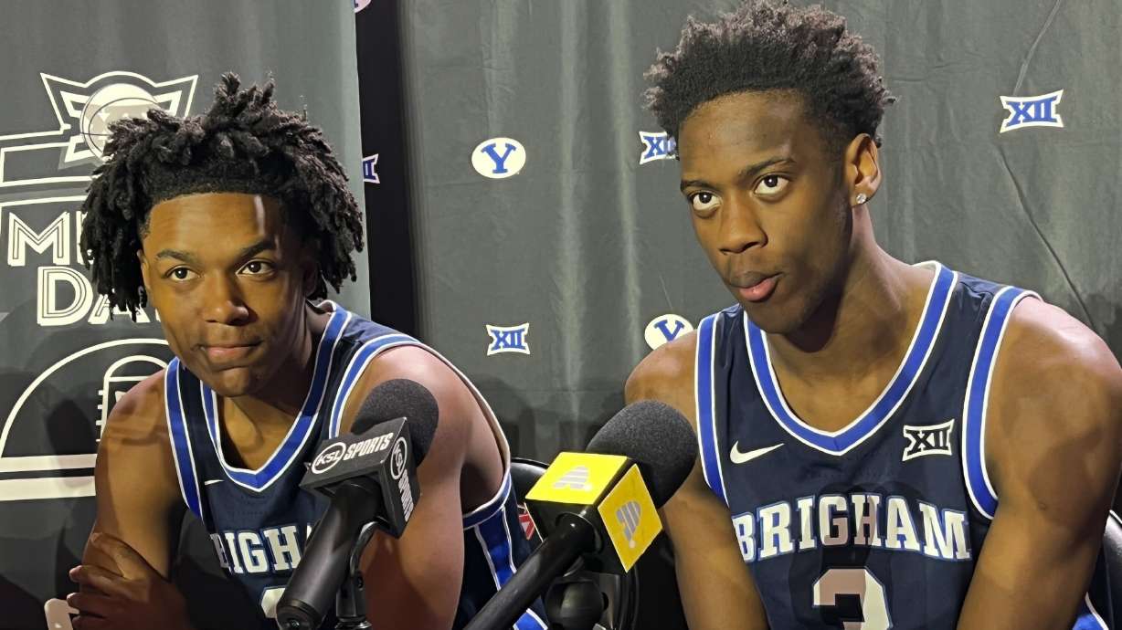BYU's Rob Wright III and AJ Dybantsa answer questions during Big 12 basketball media days, Wednesday, Oct. 22, 2025 at the T-Mobile Center in Kansas City.