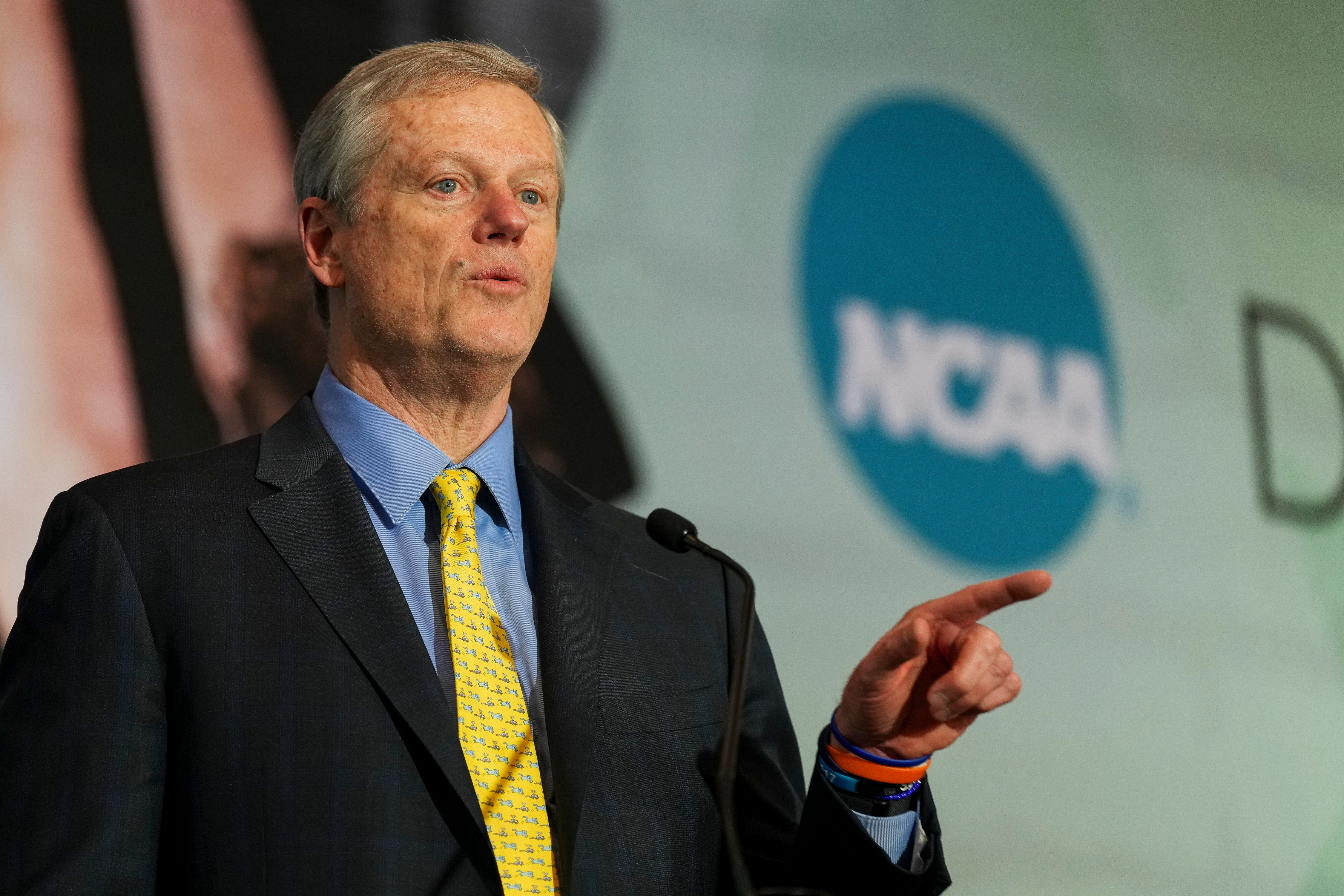 FILE - NCAA President Charlie Baker speaks during the Division I Business Session at the annual NCAA convention, Jan. 15, 2025, in Nashville, Tenn. 