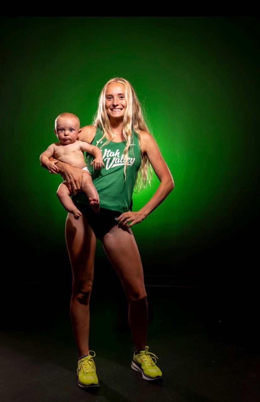 Morgan Nokes poses with son Theo. Nokes was named WAC Athlete of the Week for the second time this season after her fourth win, showing that being a mother and top-ranked student-athlete can go hand in hand.