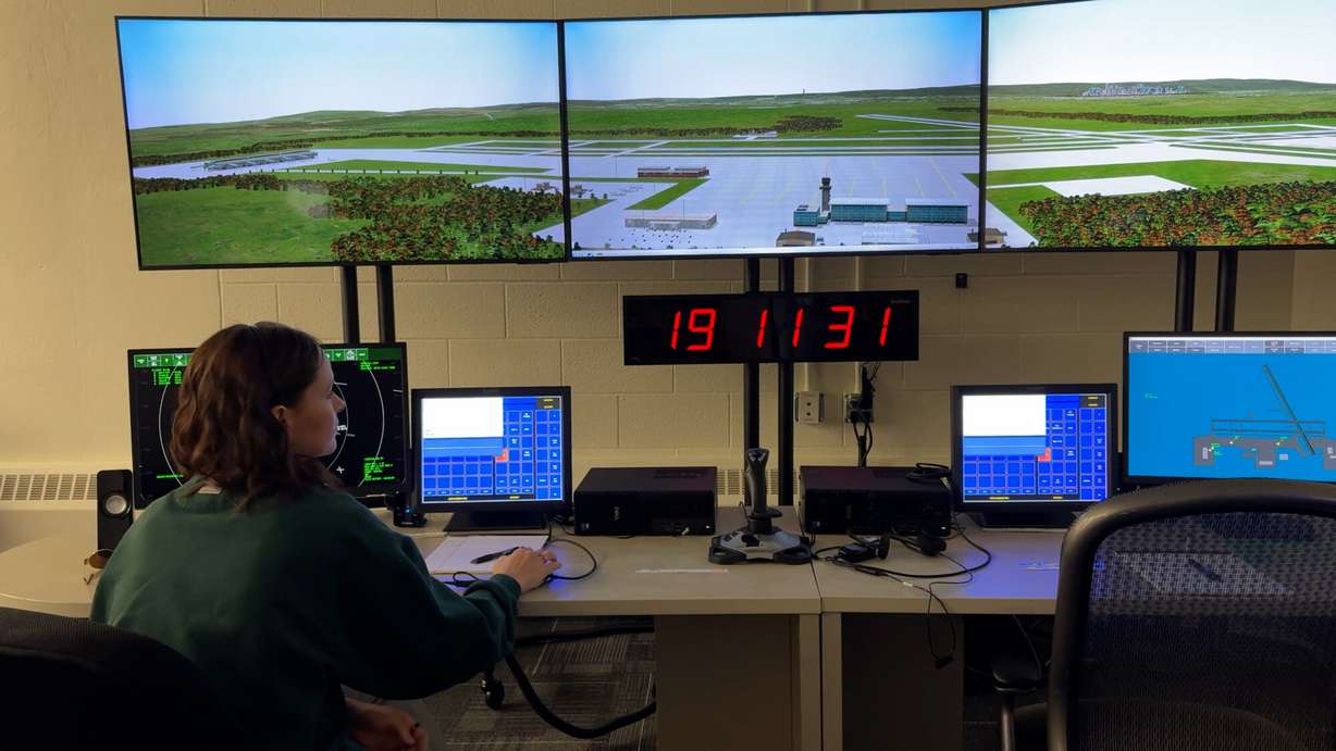 A student learns at an air traffic control simulator at Utah State University, Wednesday. The aviation program at the school seeks to give students a wider view of the aviation industry.